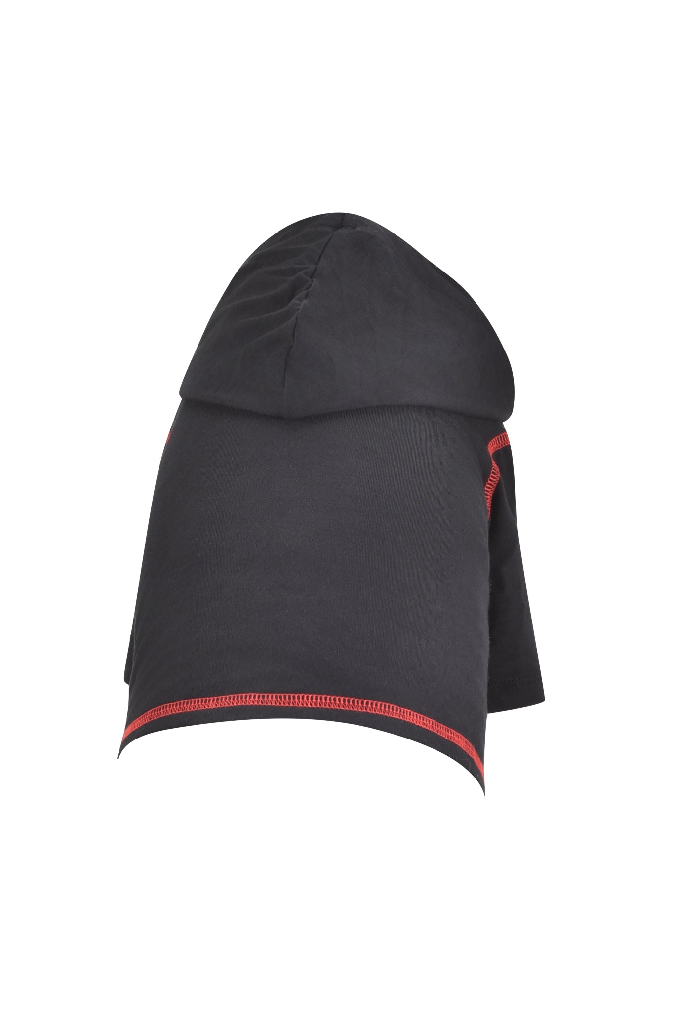 A black fabric hood with red edge stitching, displayed on a white background. Soft and shaped to cover the head and neck, it’s perfect for pairing with the I.AM.GIA BLARE BEST FRIEND DOG HOODIE - BLACK PSYCHO.