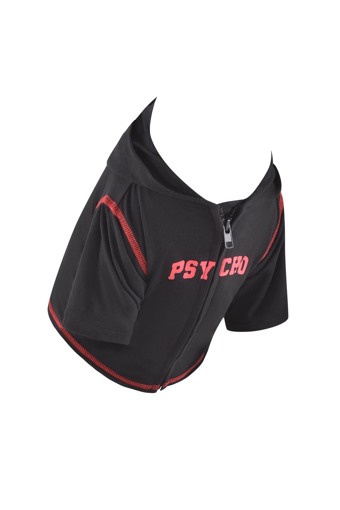 A black zip-up crop top with red trim and bold "PSYCHO" lettering is displayed on an invisible mannequin. Pair it with the I.AM.GIA BLARE BEST FRIEND DOG HOODIE - BLACK PSYCHO for a coordinated look.