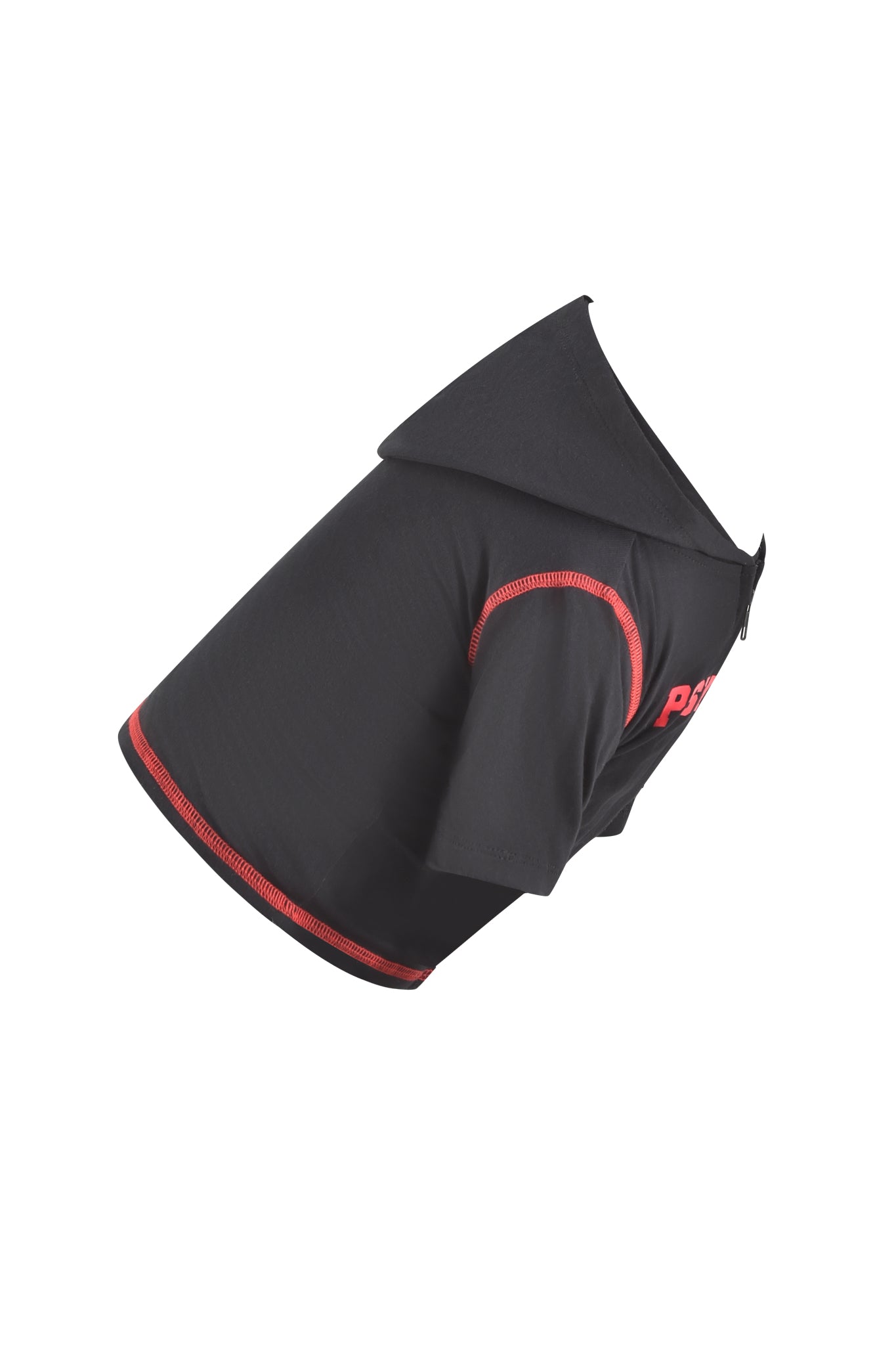 The BLARE BEST FRIEND DOG HOODIE - BLACK PSYCHO by I.AM.GIA is a black short-sleeved dog hoodie with red trim, hood, and a partially visible red print—ideal for stylish matching pet outfits. Displayed on a white background.