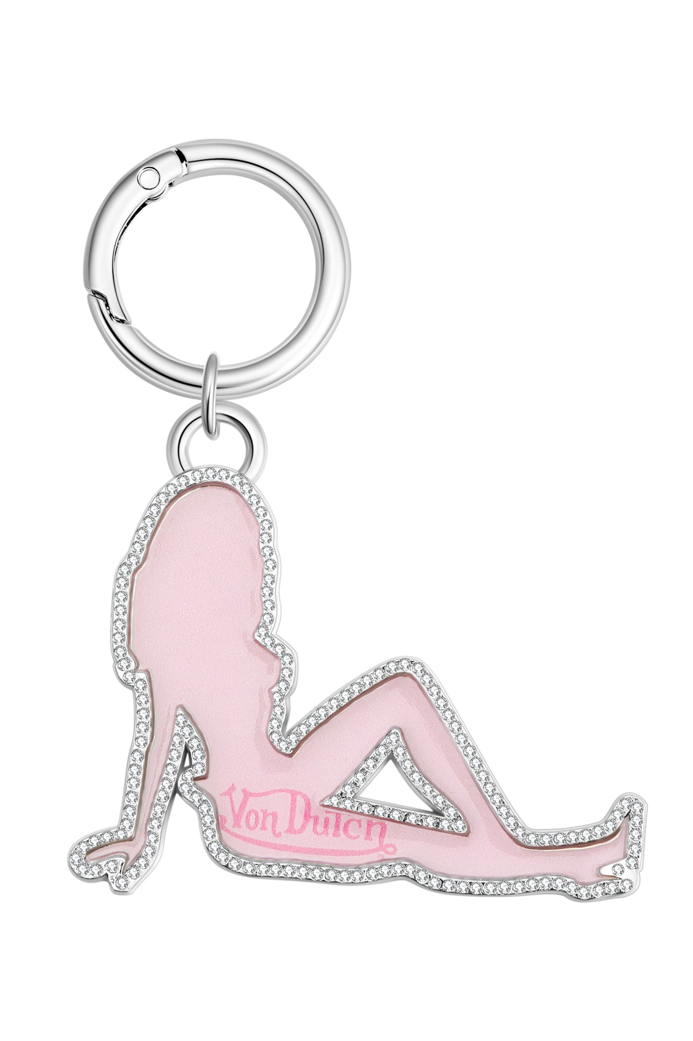 The I.AM.GIA X Von Dutch Girl Keychain – Gia Girl Camo Pink features a silver keychain with a pink reclining woman silhouette, rhinestone outline, and "Von Dutch" on her leg—a must-have from I.AM.GIA.