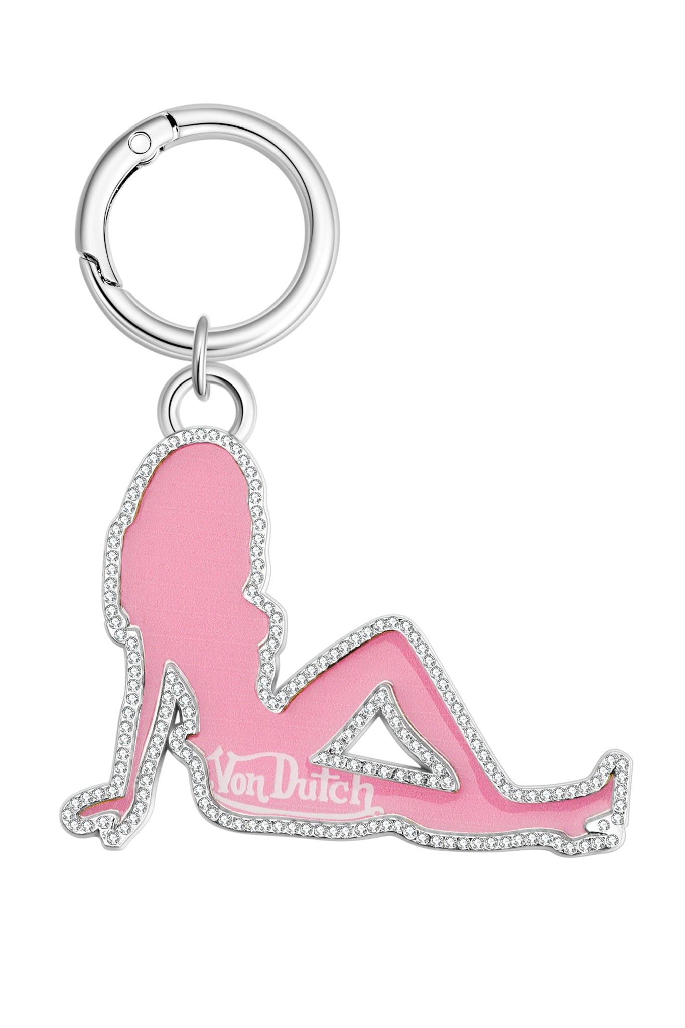 The I.AM.GIA X VON DUTCH GIRL KEYCHAIN - LEOPARD PINK GIRL features a pink, leopard-print silhouette with the "Von Dutch" logo, rhinestone details, and a silver ring at the top—a must-have y2k accessory from I.AM.GIA.
