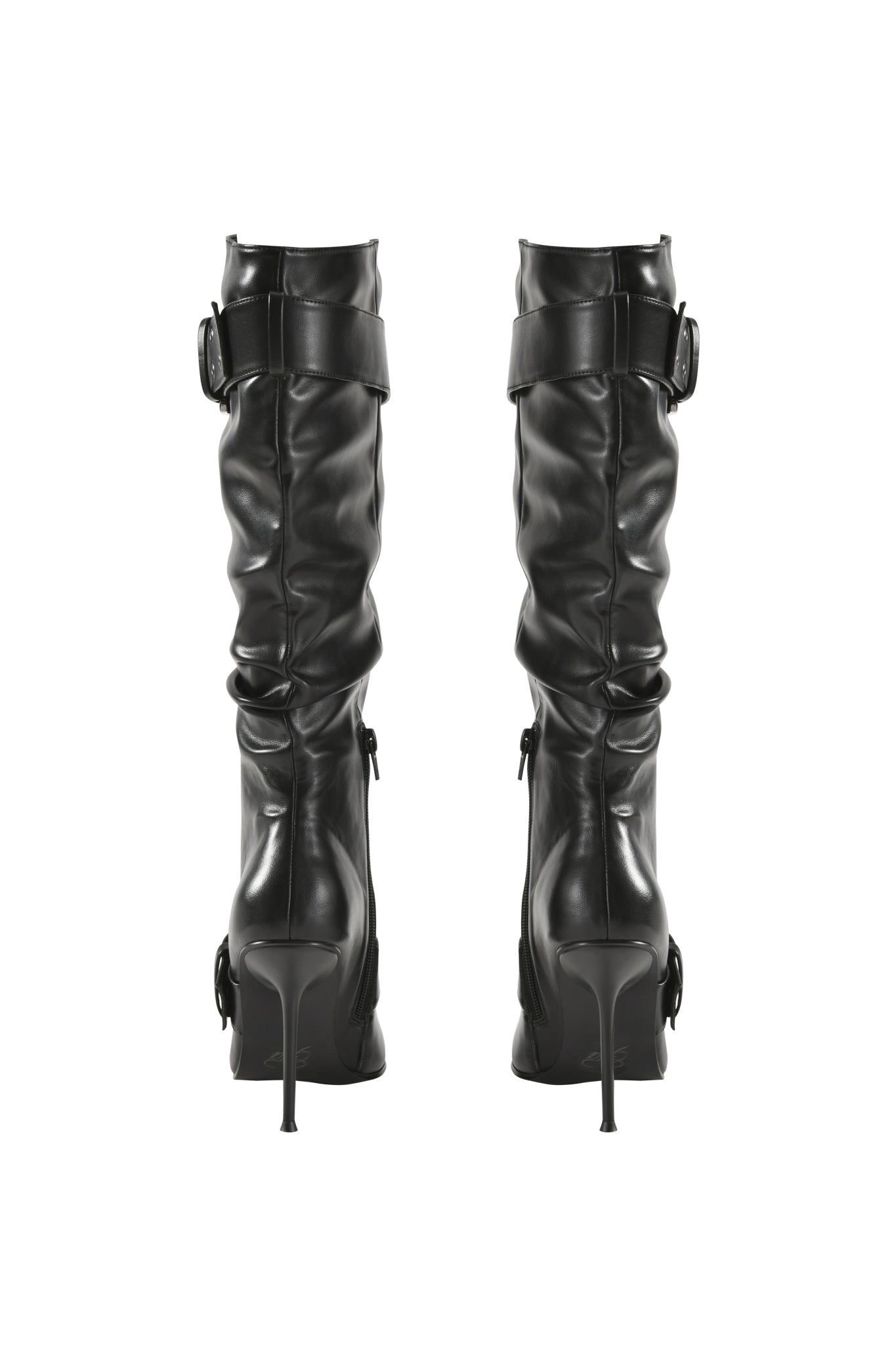 Back view of the I.AM.GIA KINTH BOOT 2.0 - BLACK, a pair of black stiletto-heeled, slouchy faux-leather knee-high boots featuring a buckle strap at the top and ruched detailing along the shaft, set against a white background.