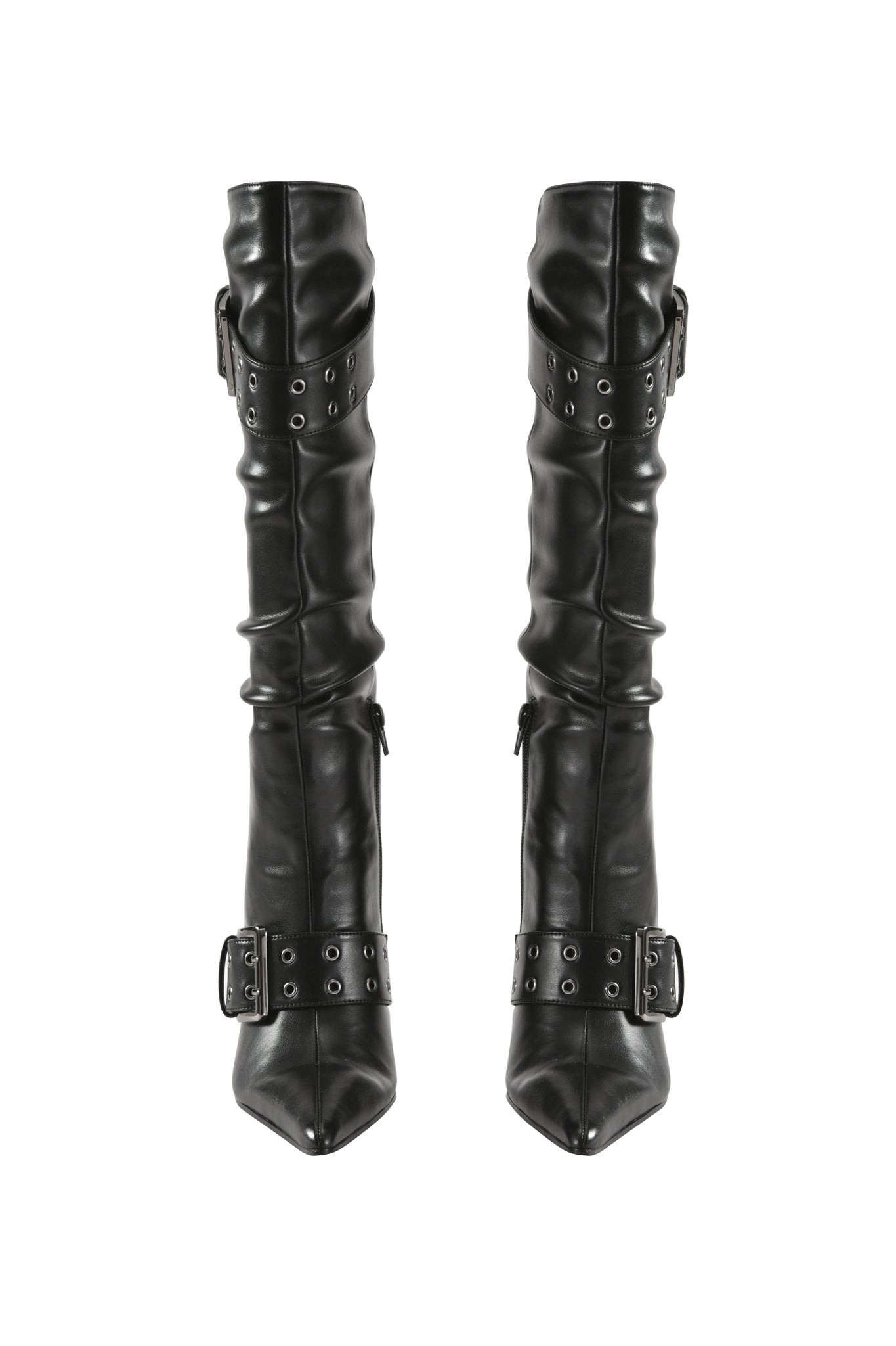 The KINTH BOOT 2.0 - BLACK by I.AM.GIA is a pair of tall black leather boots featuring pointed toes, decorative buckle straps, and silver eyelets, displayed from a top-down view on a white background.