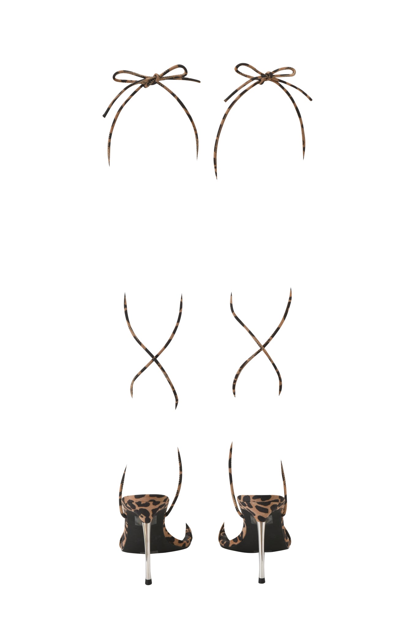 The I.AM.GIA SCARLETTE HEEL - LEOPARD features strappy stilettos with thin ankle straps tied in bows, clear heels, and a striking leopard print, shown from the back on a white background.