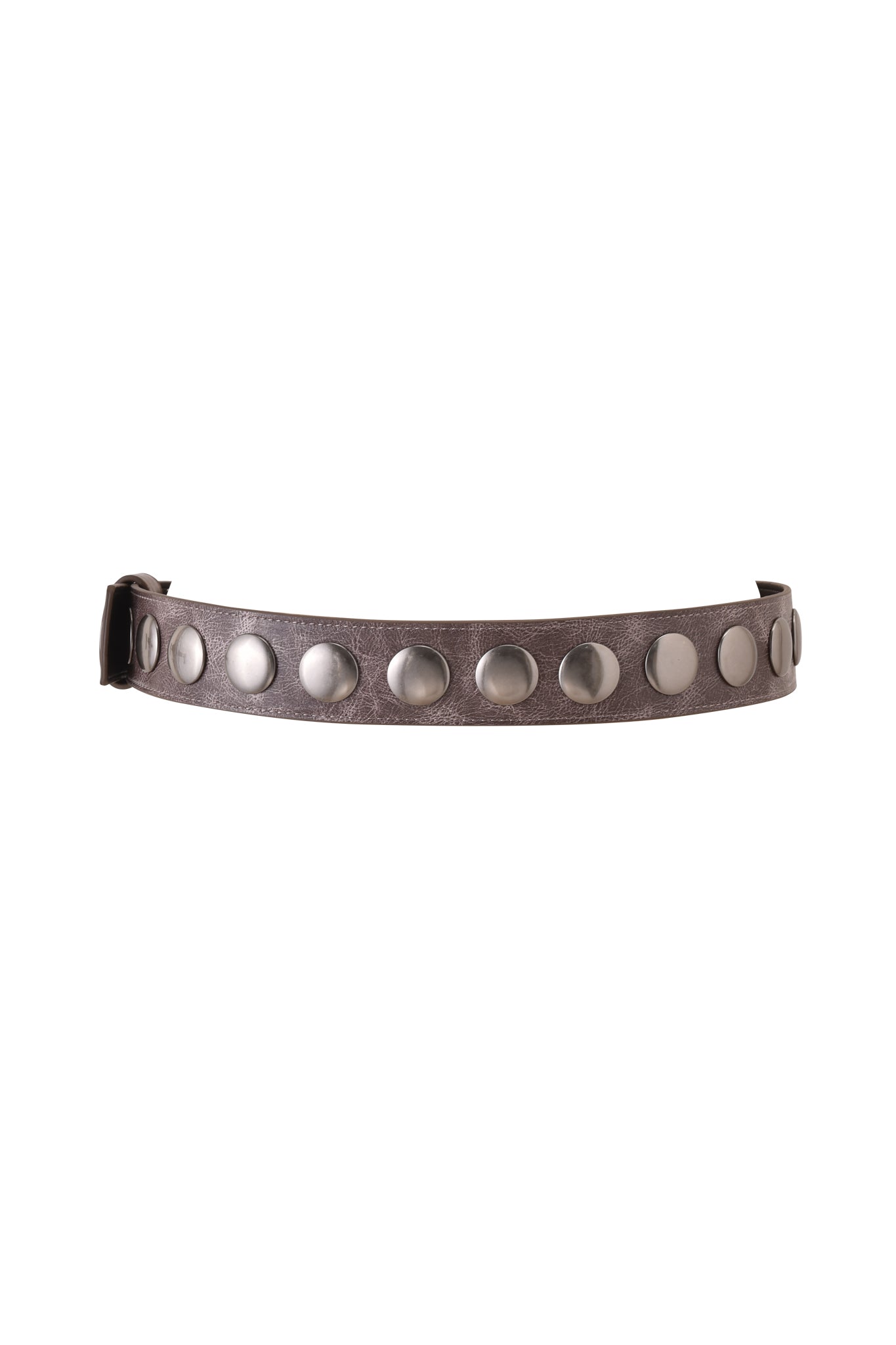 The I.AM.GIA IRINIE STUDDED BELT - MUSHROOM features large, round silver studs evenly spaced on a brown strap with an adjustable buckle, shown against a white background.
