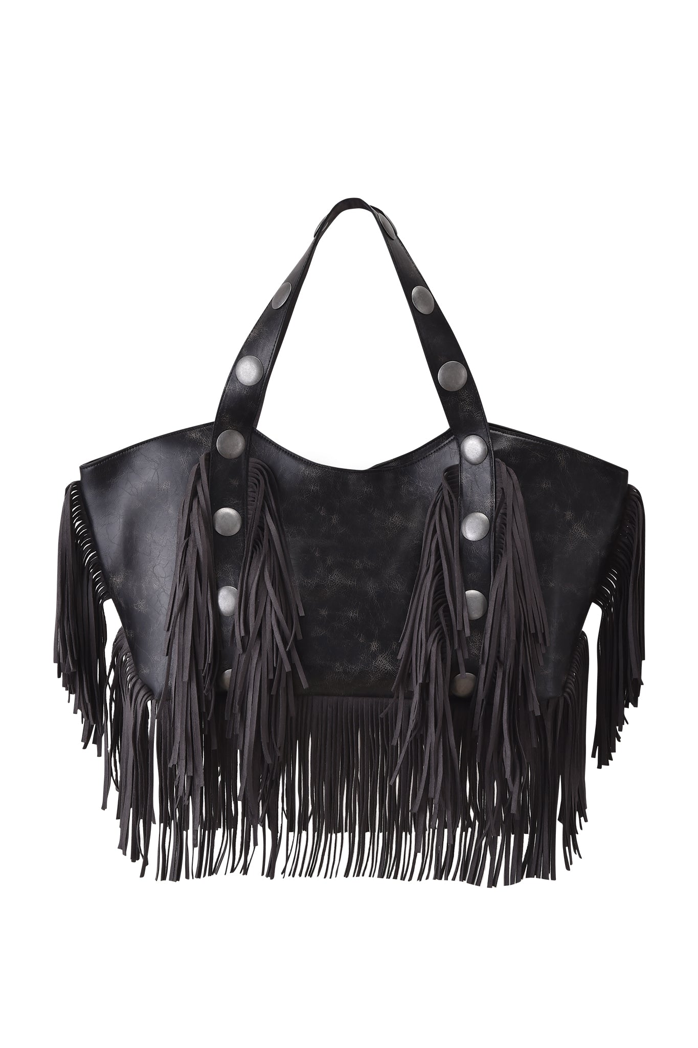 The CHROMA FRINGE BAG - BLACK by I.AM.GIA is an oversized faux leather tote with long fringes and silver-studded handles, delivering a bold, western-inspired style.