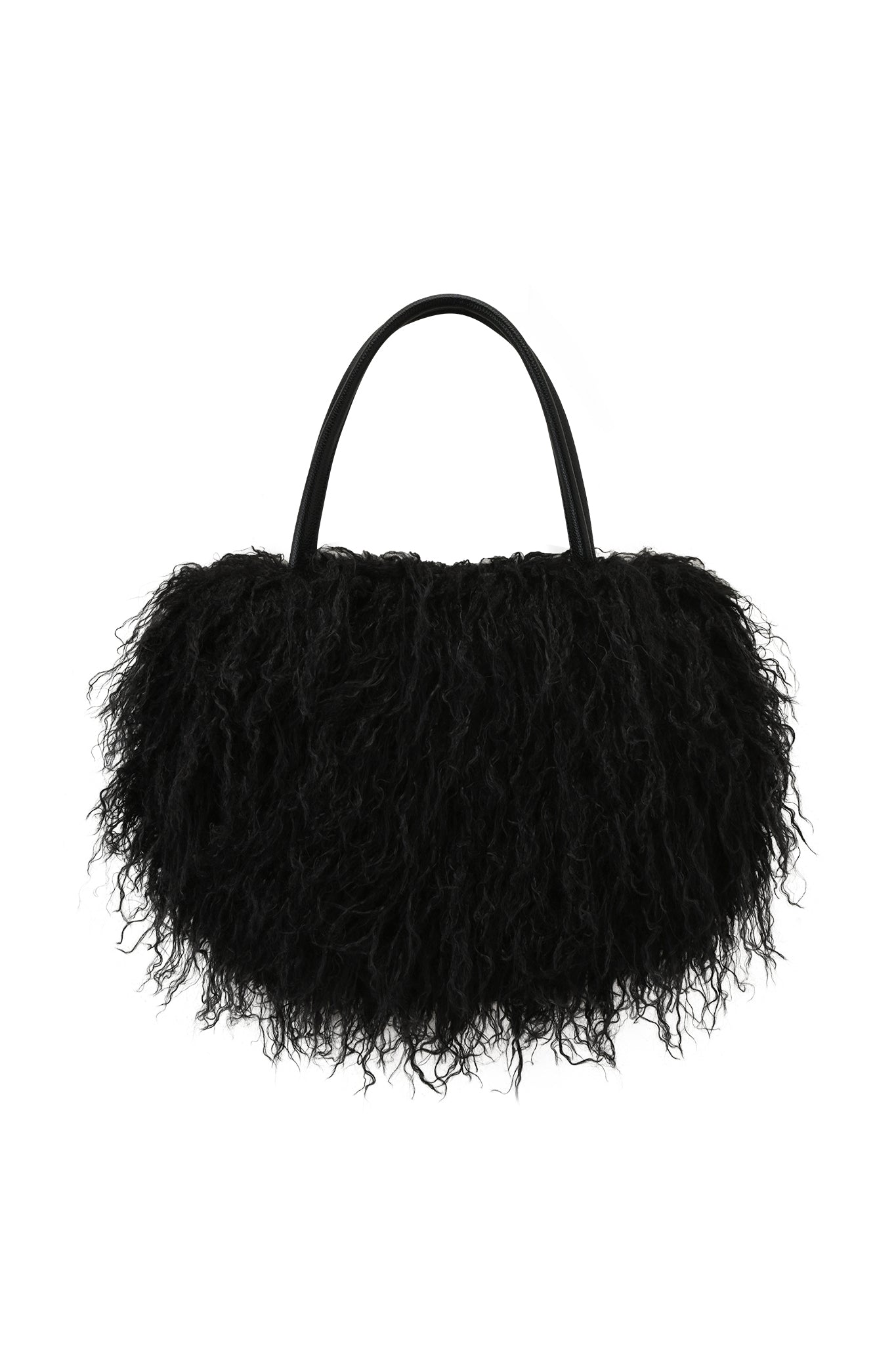 The I.AM.GIA PIXI FAUX FUR BAG - BLACK is an oversized shoulder bag featuring all-over black faux fur, faux leather handles, and a shaggy texture for a bold, stylish look.