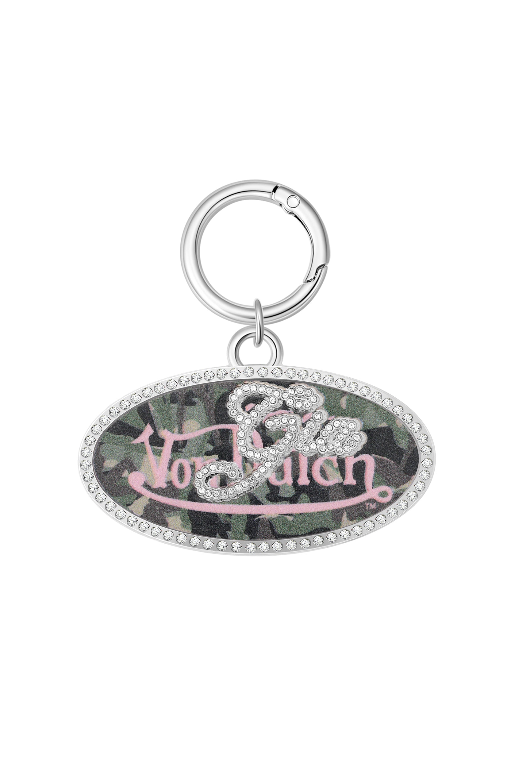 The I.AM.GIA x Von Dutch Gia Girl Camo Pink Oval Keychain features a silver ring, camo background, pink "Von Dutch" text, flying eyeball graphic, and a border of small rhinestones.