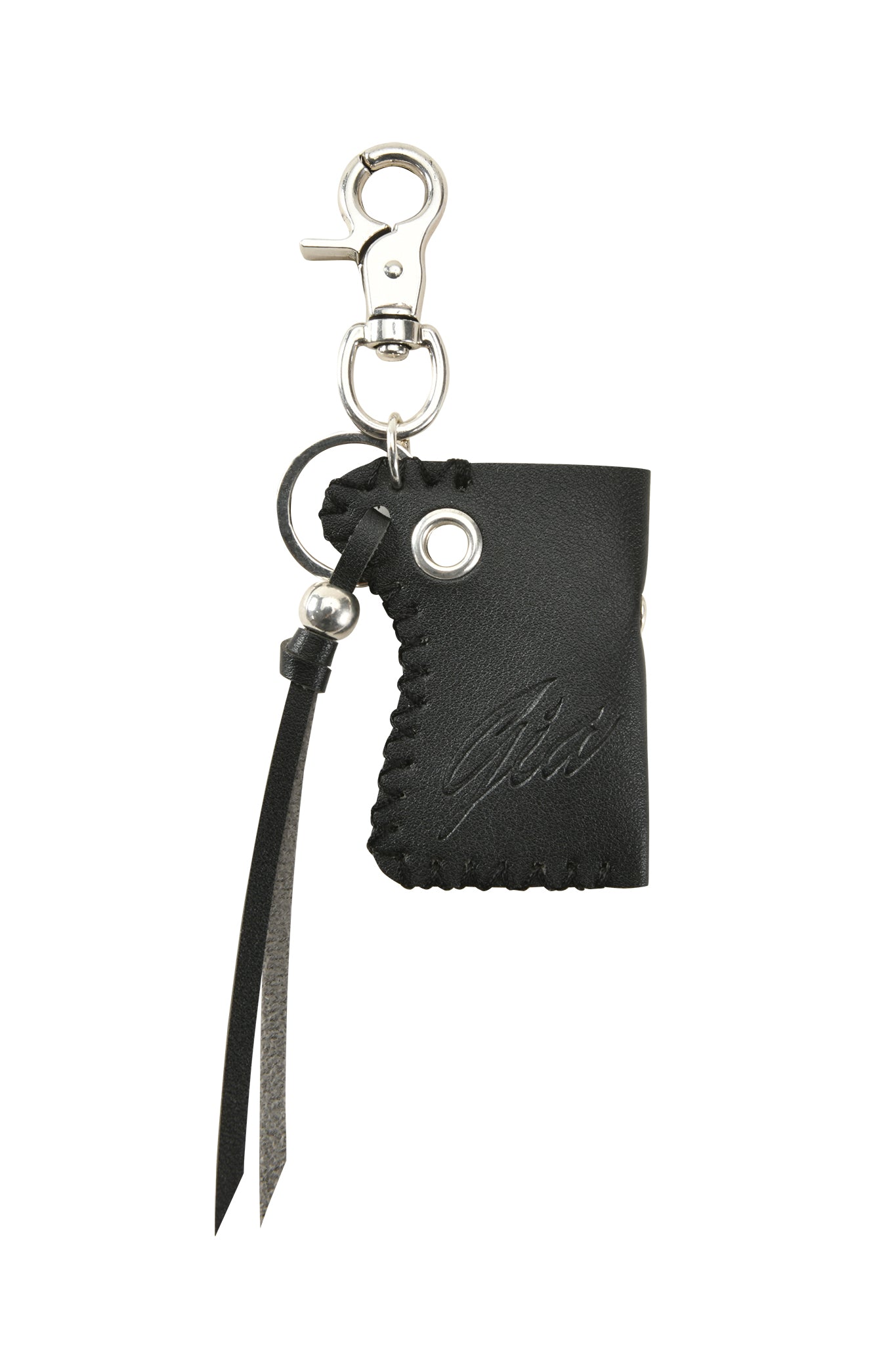 The VENUS LIGHTER KEYCHAIN - BLACK by I.AM.GIA features black leather with stitched edges, a signature GIA logo, metal grommet, leather fringe, and a silver lobster clasp attachment.