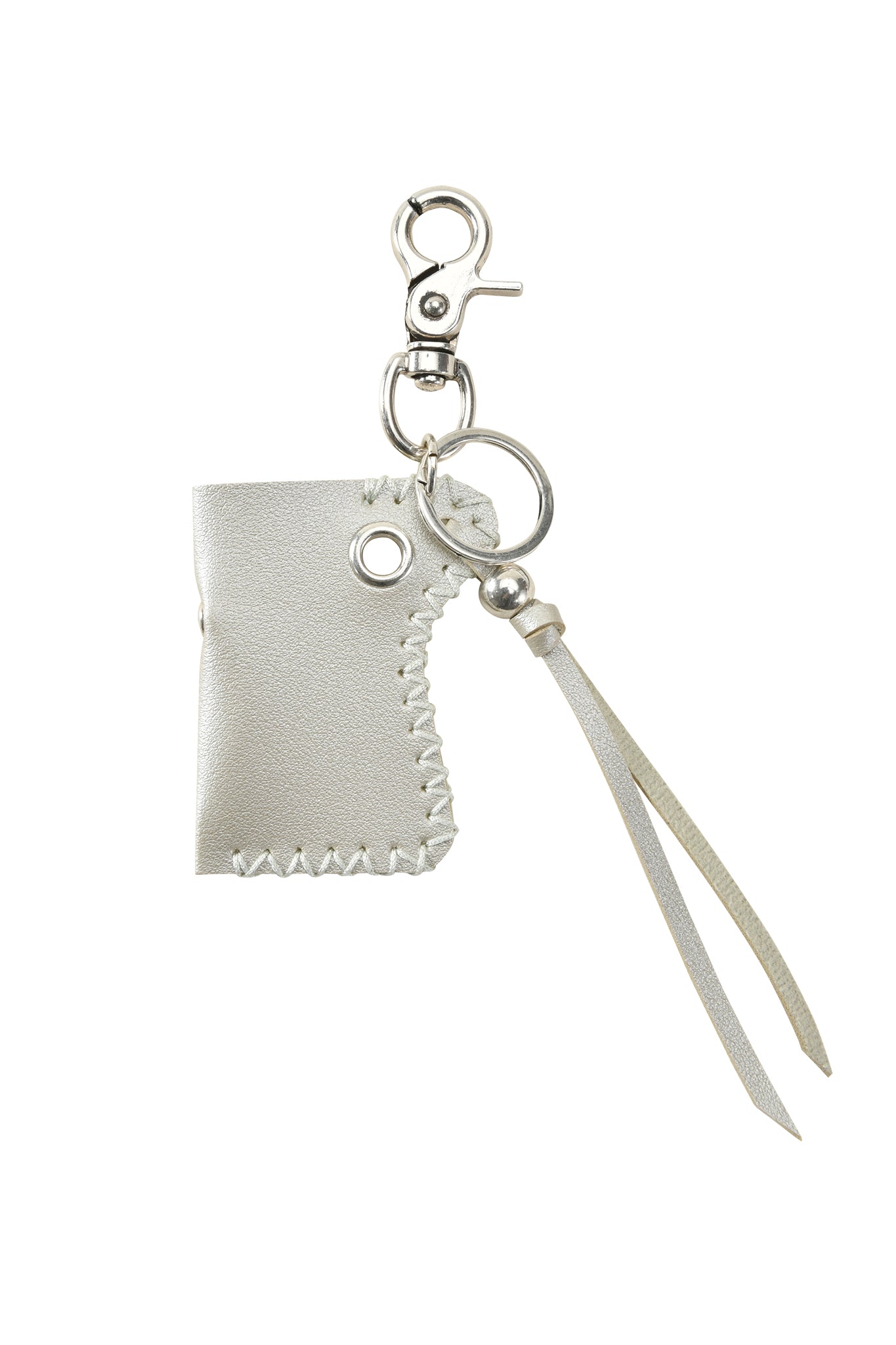 The I.AM.GIA VENUS LIGHTER KEYCHAIN - SILVER is a white leather holder with stitched edges, a metal ring, lobster clasp, and two slim leather straps, shown on a white background.