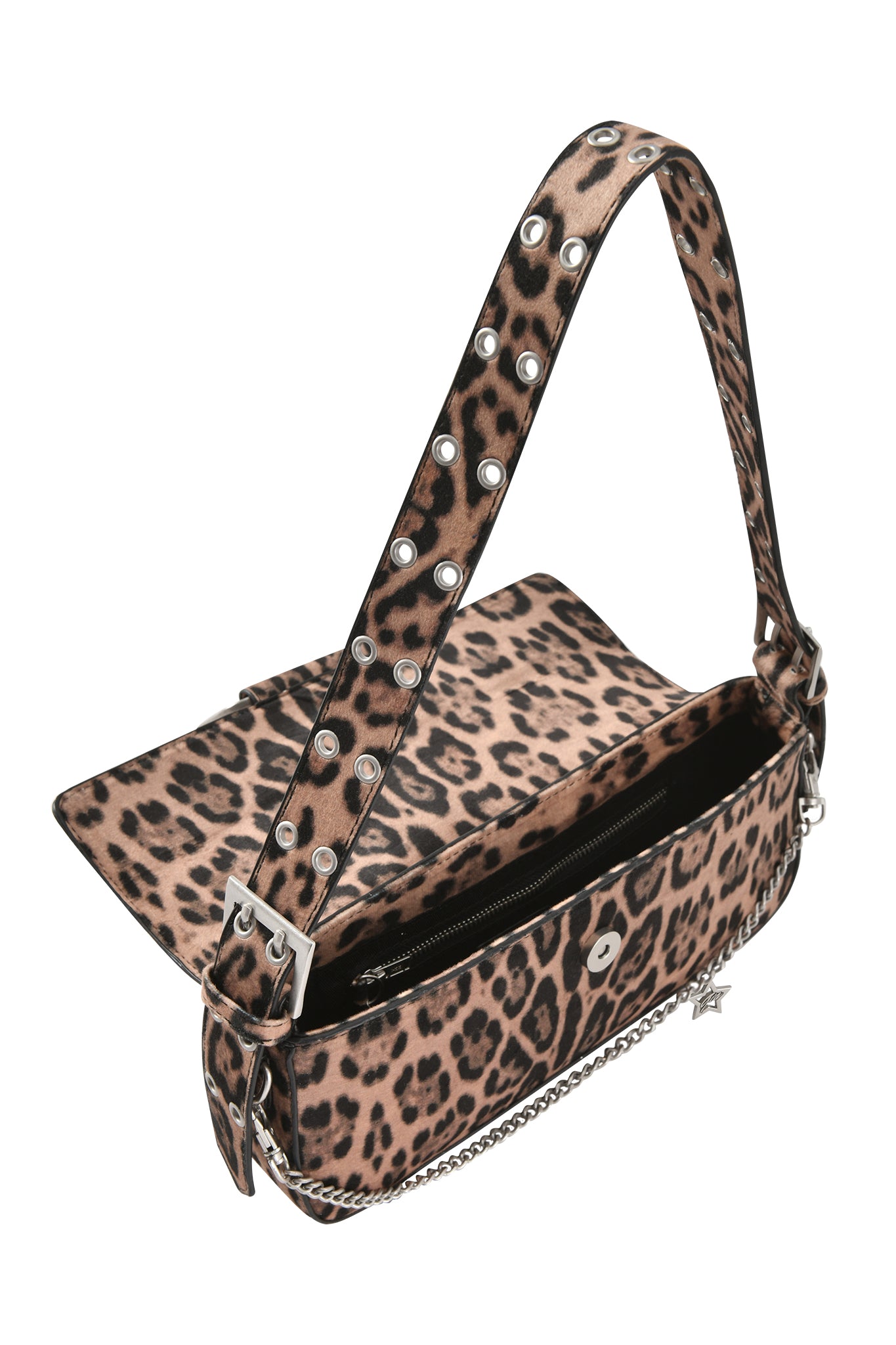 The MILA BAG - PANTHERA by I.AM.GIA is a cheetah print faux leather mini shoulder bag with a flap closure, silver grommet strap, side chain accent, inner zip pocket, and features an angled view of its branded interior.