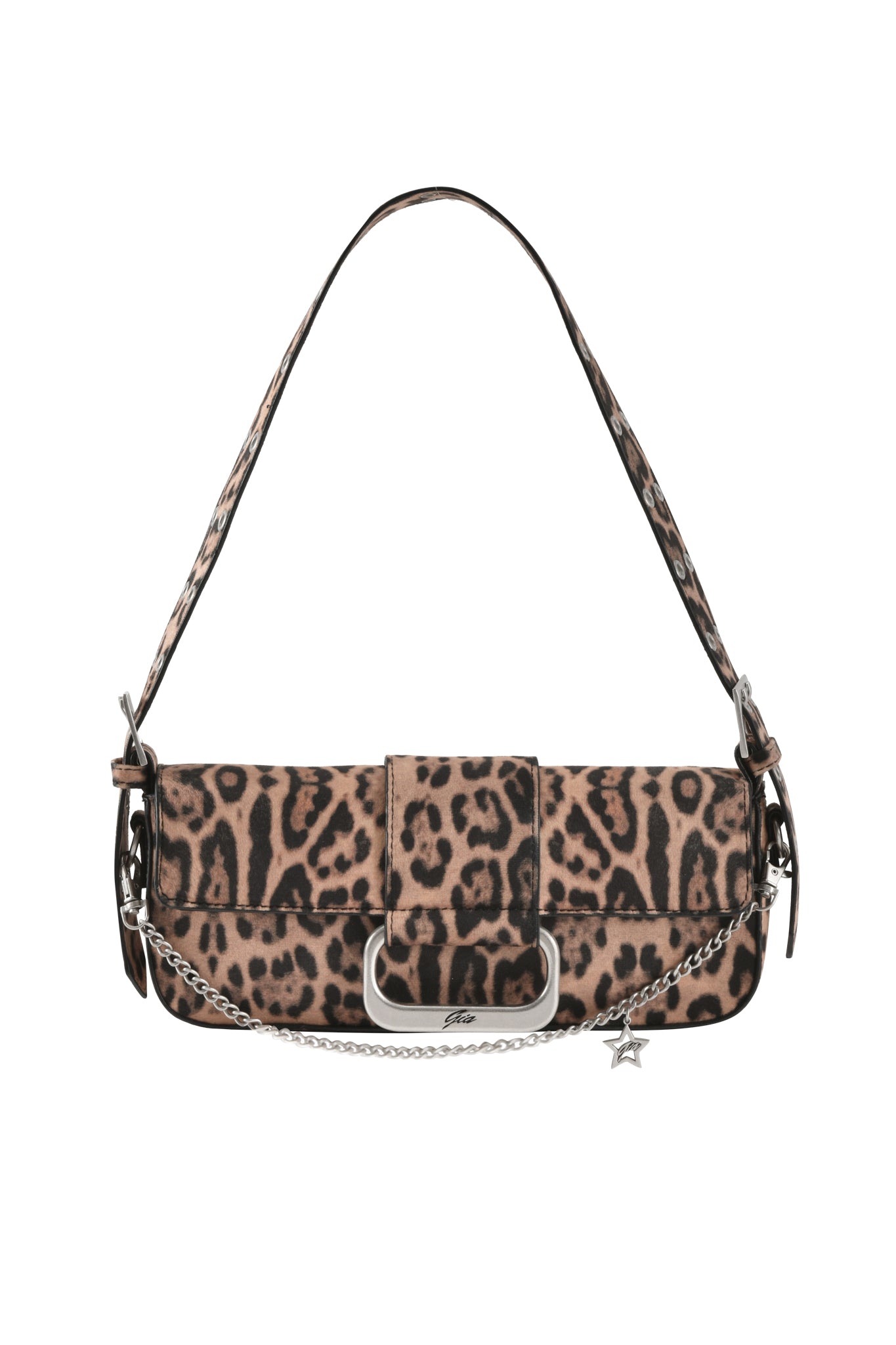 The MILA BAG - PANTHERA by I.AM.GIA is a small rectangular handbag with a brown and black leopard print, short strap, silver buckle and chain accents, plus a star charm.