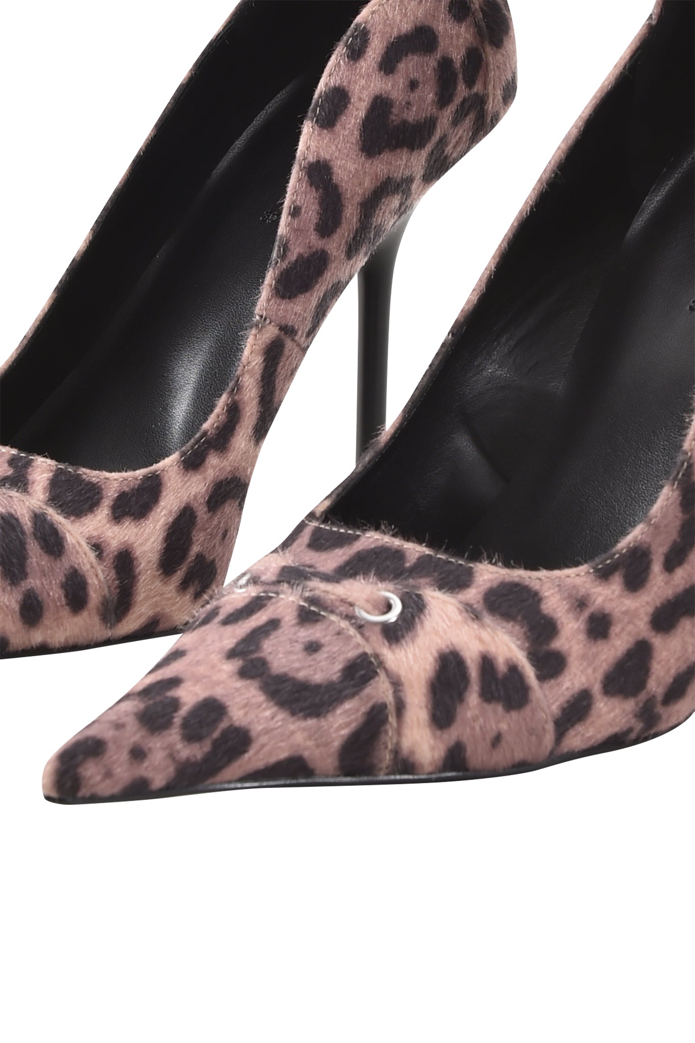 The ANASTASIA PUMP - LEOPARD by I.AM.GIA features a pointed toe, black stiletto heel, and fuzzy faux fur leopard print for a bold and chic look.