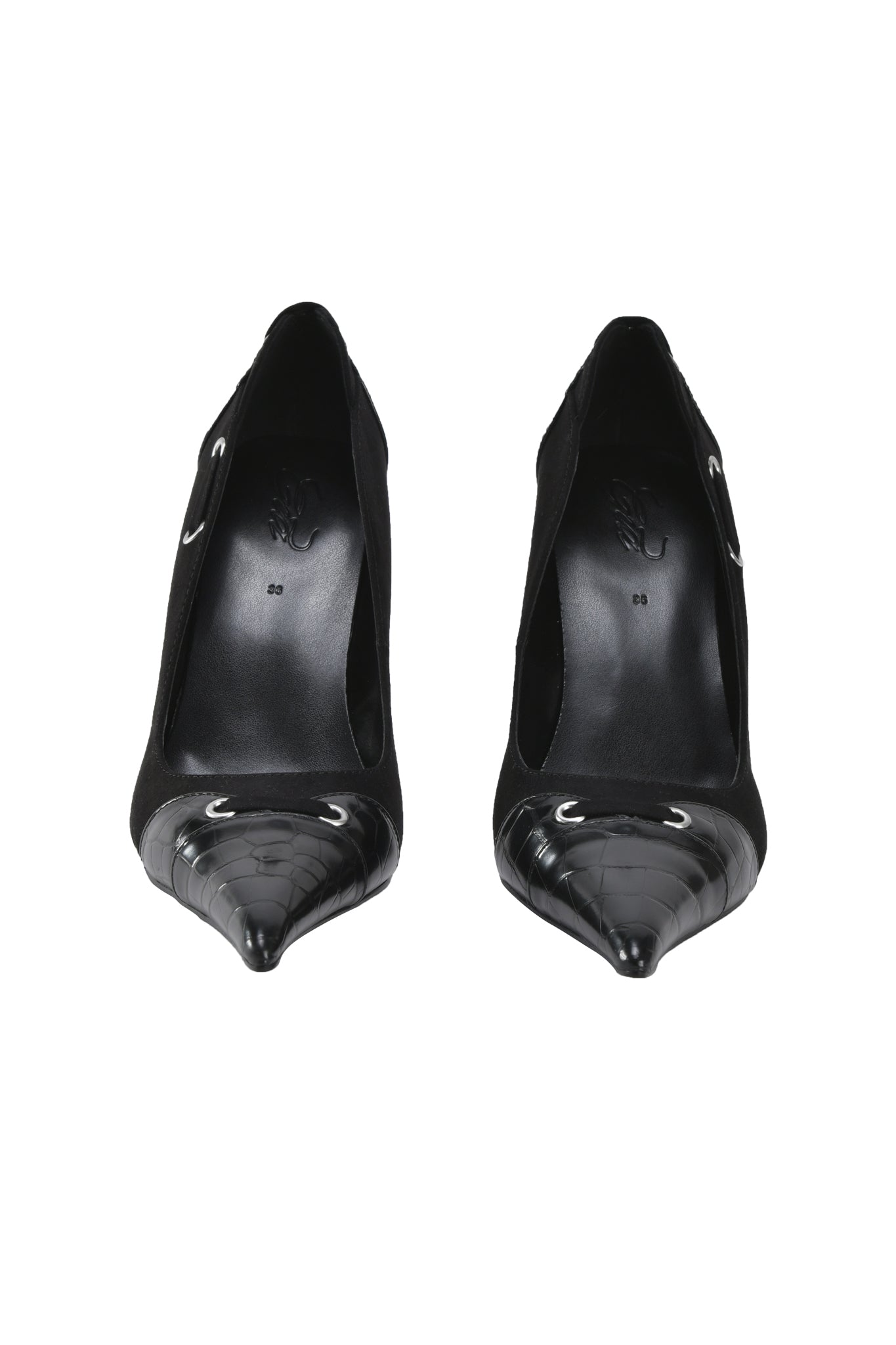 The ANASTASIA PUMP - BLACK CROC by I.AM.GIA features a glossy black faux crocodile skin with pointed toes and small white eye-like details near the tips, giving an animal-inspired look.