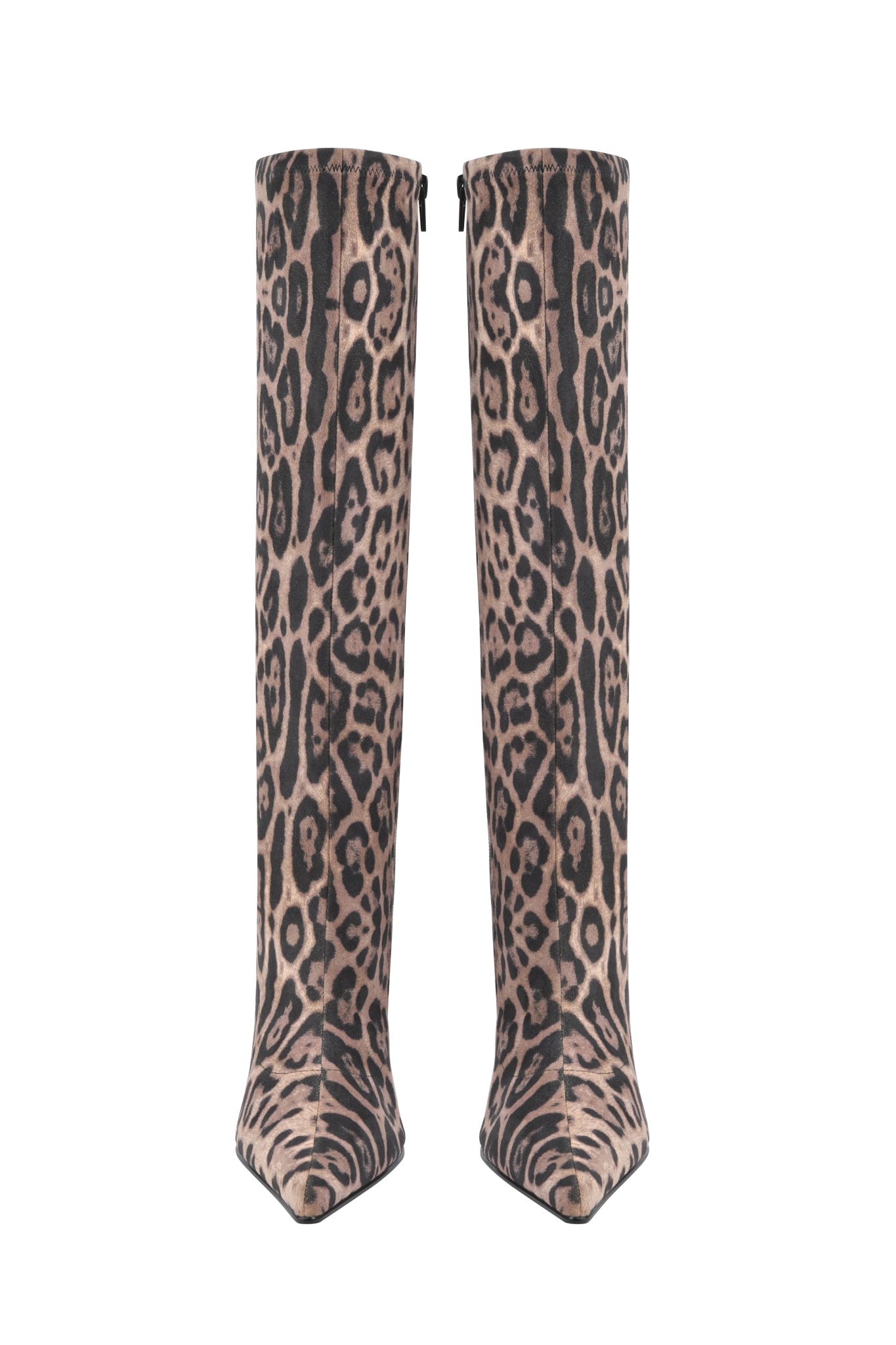 The I.AM.GIA YANA KNEE HIGH BOOTS - PANTHERA feature a leopard print pattern in brown and black with a pointed toe and stiletto heel, shown from the front against a white background.