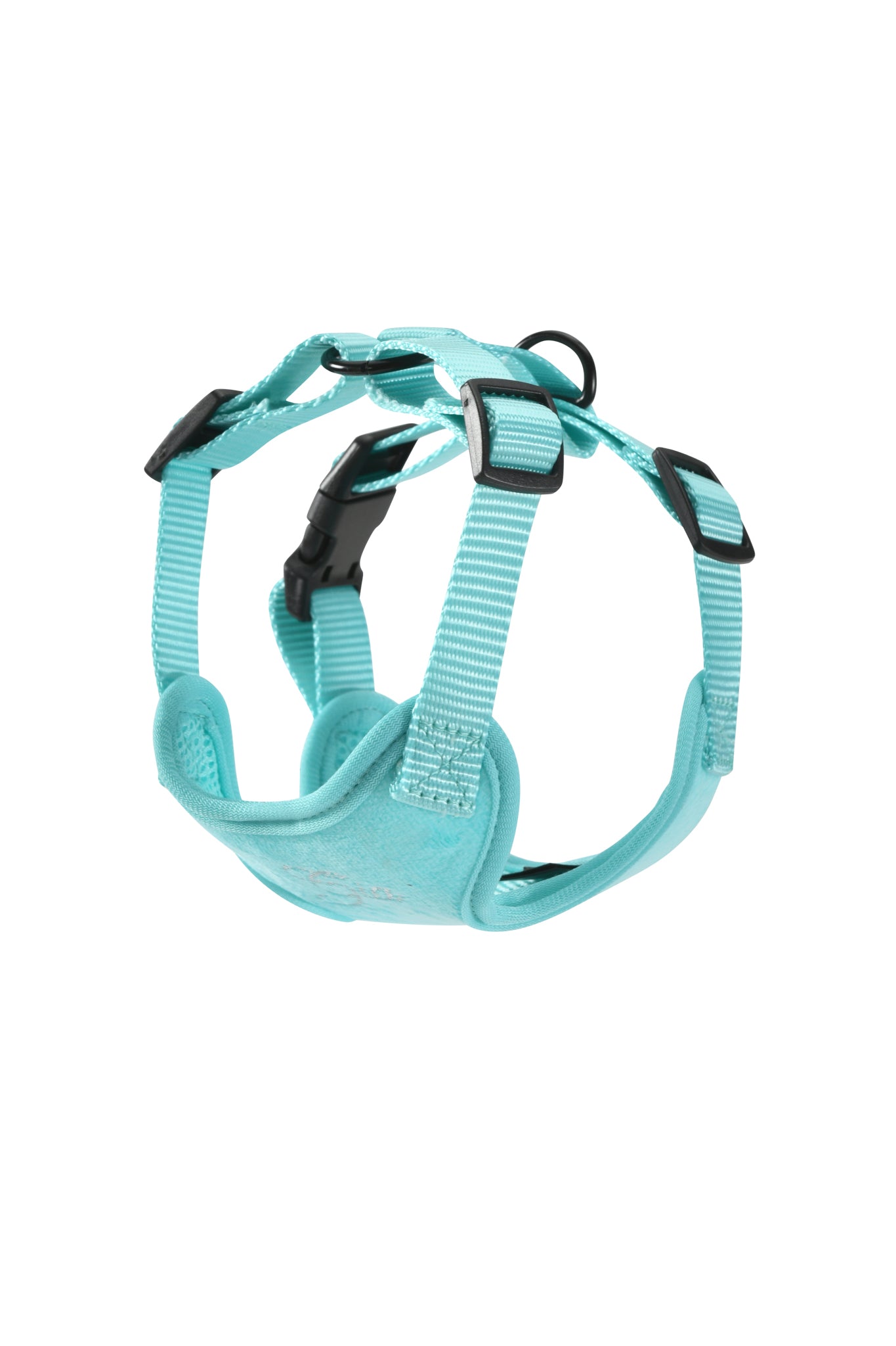 The I.AM.GIA STAR PAWFECT 3-PIECE SET in baby blue features an adjustable harness with padded sections, black buckles, and a velour finish, designed for comfort around your pet’s chest and shoulders. Shown on a white background.