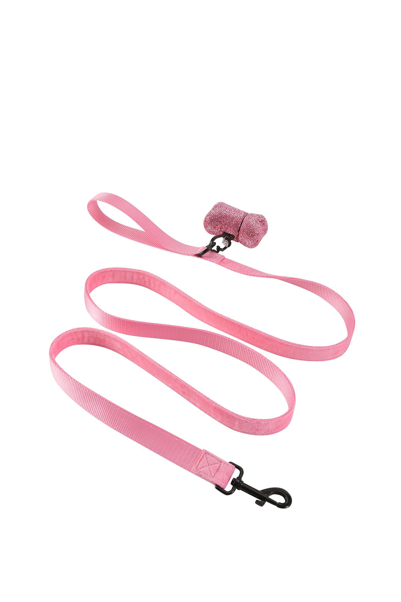 The I.AM.GIA STAR PAWFECT 3-PIECE SET - BABY PINK includes a pink dog leash with a black clip, a matching rhinestone bag dispenser near the handle, and pairs perfectly with the pink velour pet harness.