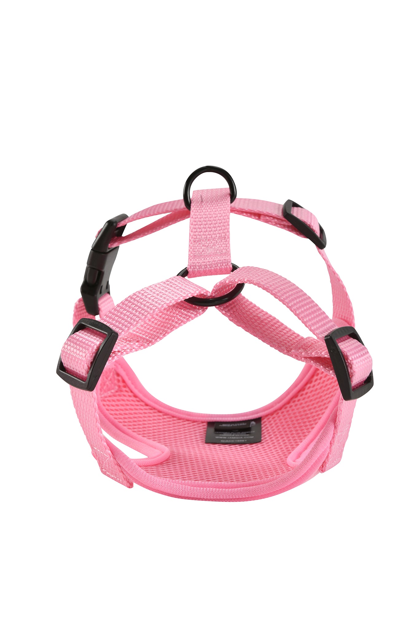 The I.AM.GIA STAR PAWFECT 3-PIECE SET in Baby Pink features a pink velour pet harness with black buckles and a D-ring for security and comfort. Pair it with the adjustable leash included for added control and style.