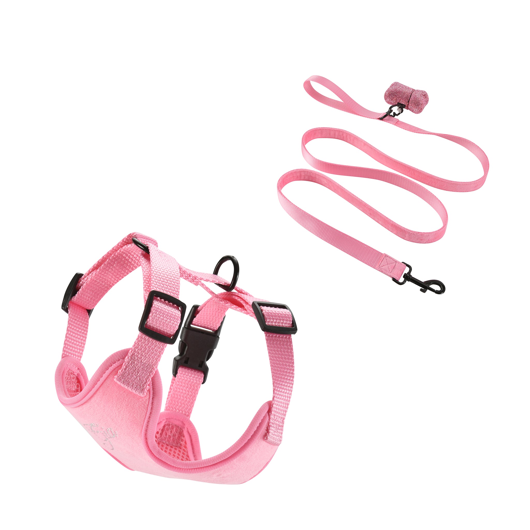 The STAR PAWFECT 3-PIECE SET - BABY PINK by I.AM.GIA includes a pink velour harness with black buckles, adjustable straps, and a matching leash with metal clasp and loop handle, designed for small animals.