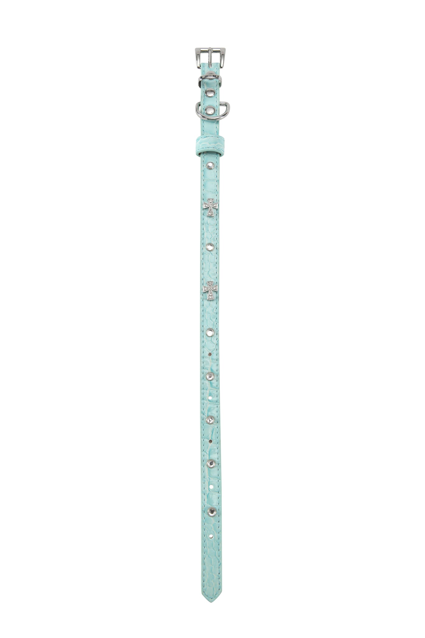 The I.AM.GIA STAR PET COLLAR - BABY BLUE is crafted from faux leather with silver studs and decorative accents. It features a buckle closure, adjustable holes, and is displayed flat on a white background.