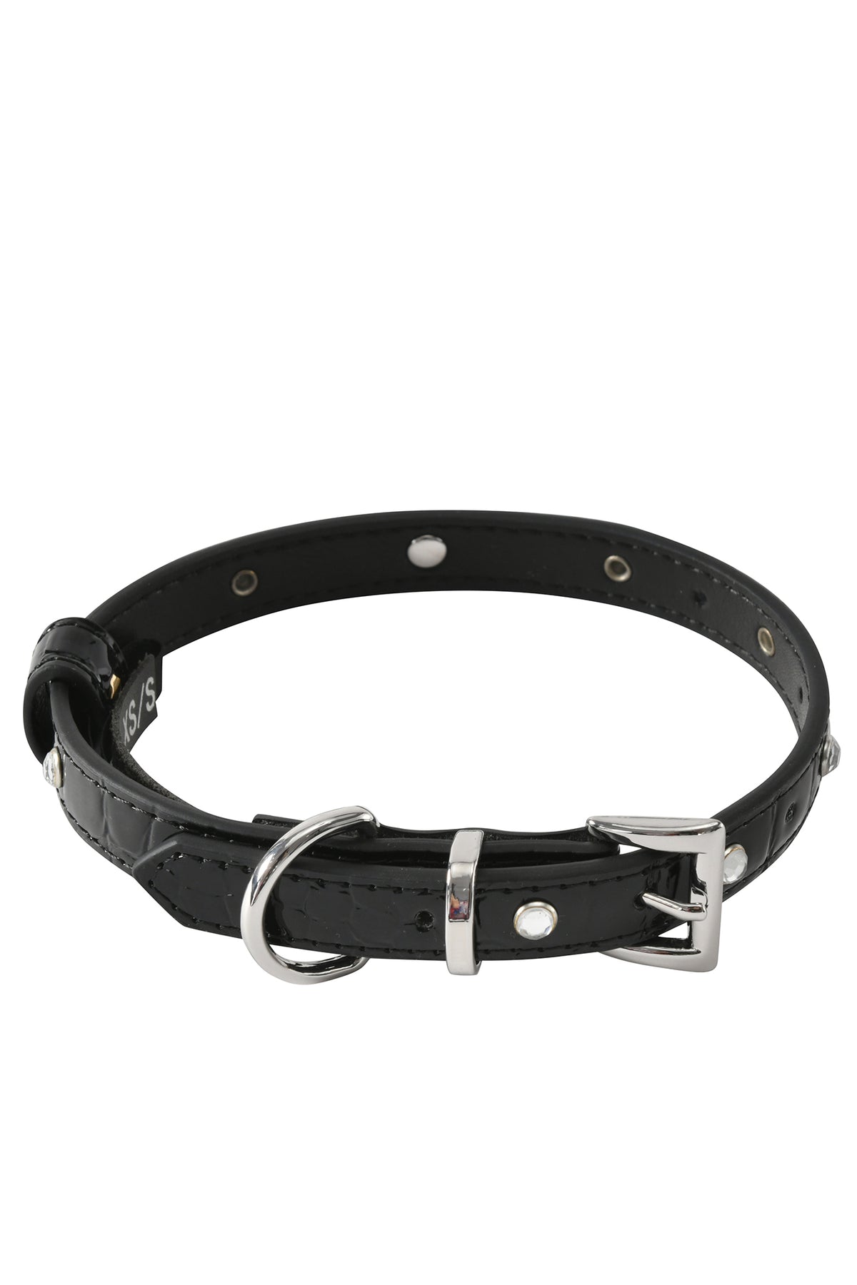 The STAR PET COLLAR - BLACK by I.AM.GIA is displayed laid flat on a plain white background, showcasing its adjustable black faux leather design with a silver buckle and D-ring for enhanced comfort and style.