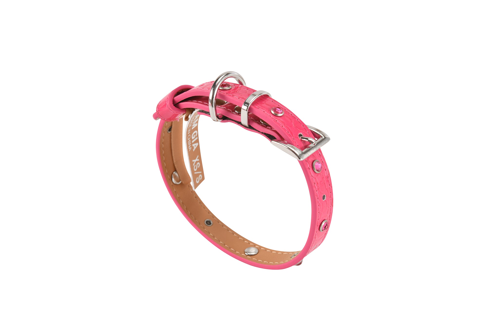 The STAR PET COLLAR - HOT PINK by I.AM.GIA is an adjustable faux leather dog collar with a silver buckle, D-ring, and decorative studs, shown on a white background. It combines stylish design and comfort for your pet.