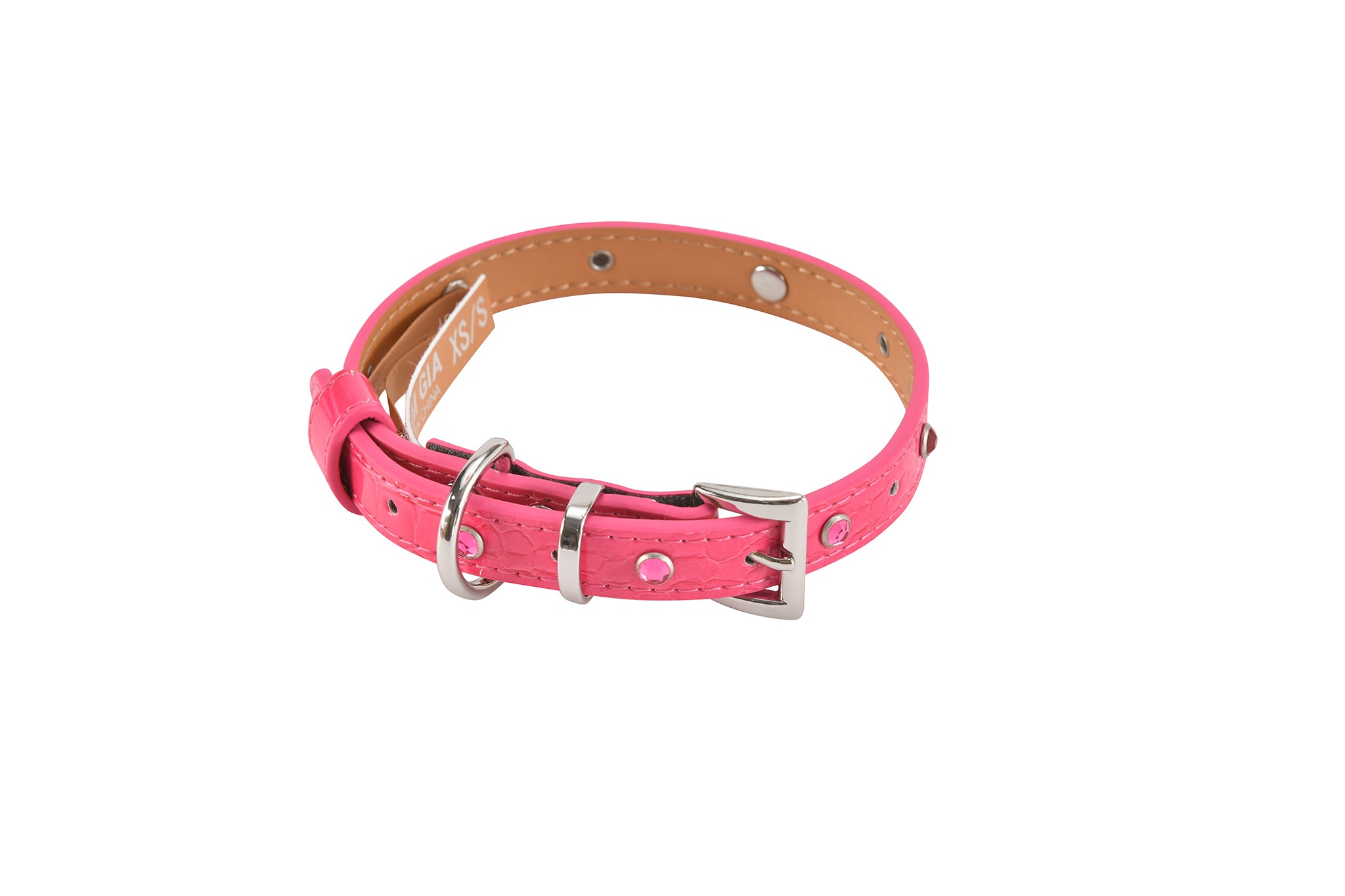 The I.AM.GIA STAR PET COLLAR - HOT PINK is a faux leather dog collar with metal buckle, rivets, and rhinestone cross charms. Adjustable design shown on a white background.