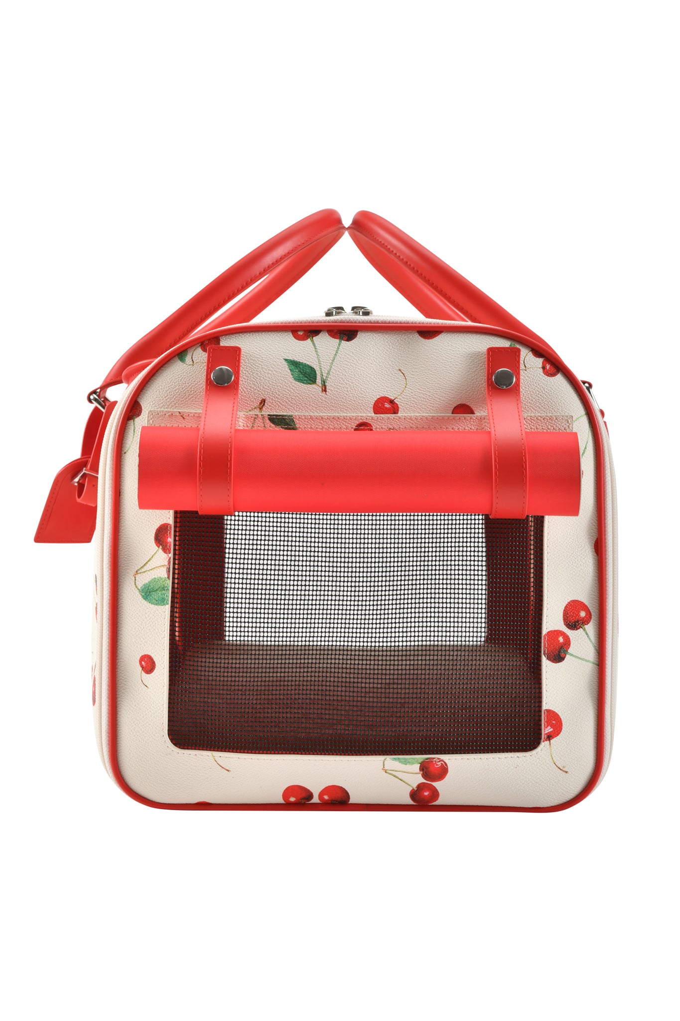 The TRIXX PET CARRIER - CHERRY ON TOP by I.AM.GIA features a cherry pattern, red handles, mesh front window, and red luggage tag—a stylish choice for carrying your furry friend.