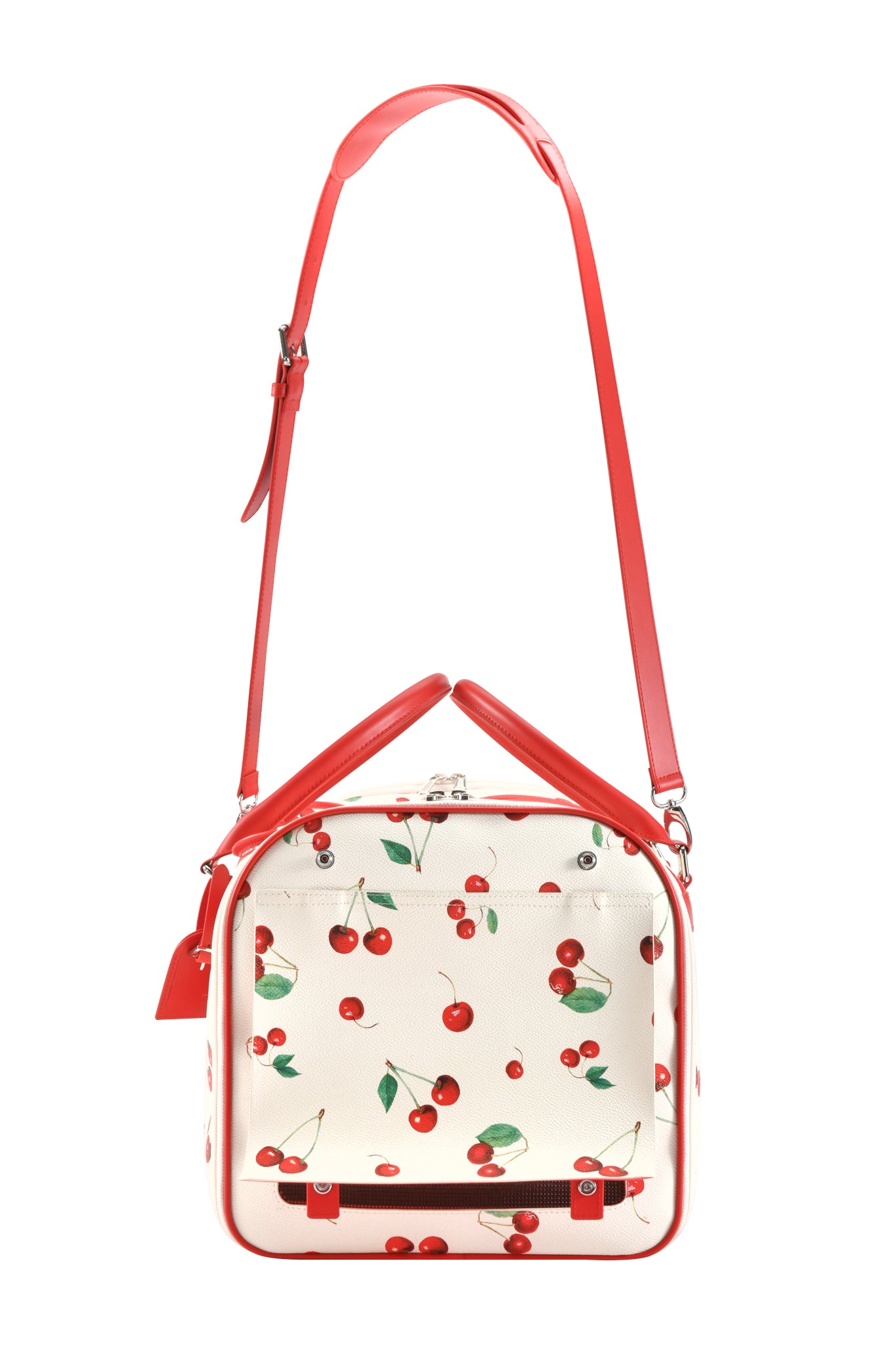 The I.AM.GIA TRIXX PET CARRIER - CHERRY ON TOP is a white, square-shaped small pet carrier with a red adjustable shoulder strap, red trim accents, and a playful Cherry on Top print design.