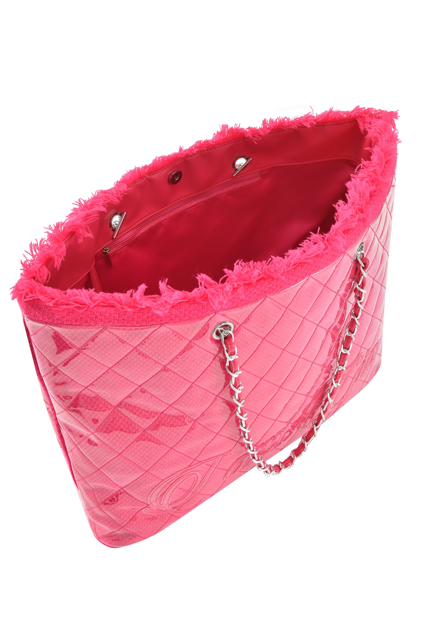 The I.AM.GIA DANNI TOTE BAG in hot pink features a quilted PVC shell with a shiny finish, frayed trim, metal chain handles woven with pink material, and a roomy interior for your essentials.