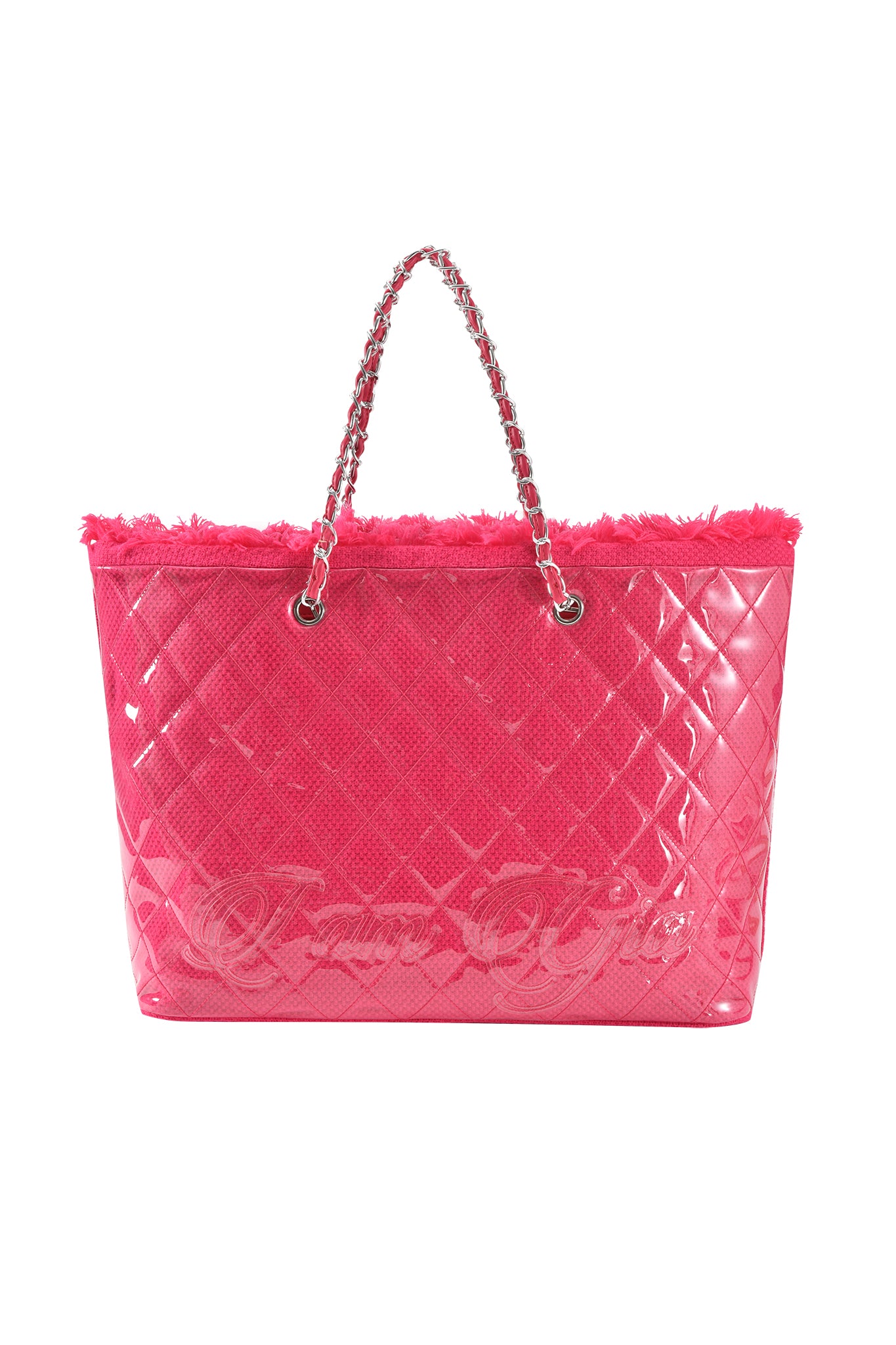 The I.AM.GIA DANNI TOTE BAG in hot pink features a large, glossy PVC shell, chain handles, soft fuzzy trim at the top, an embossed script logo on the front, and a diamond pattern surface.