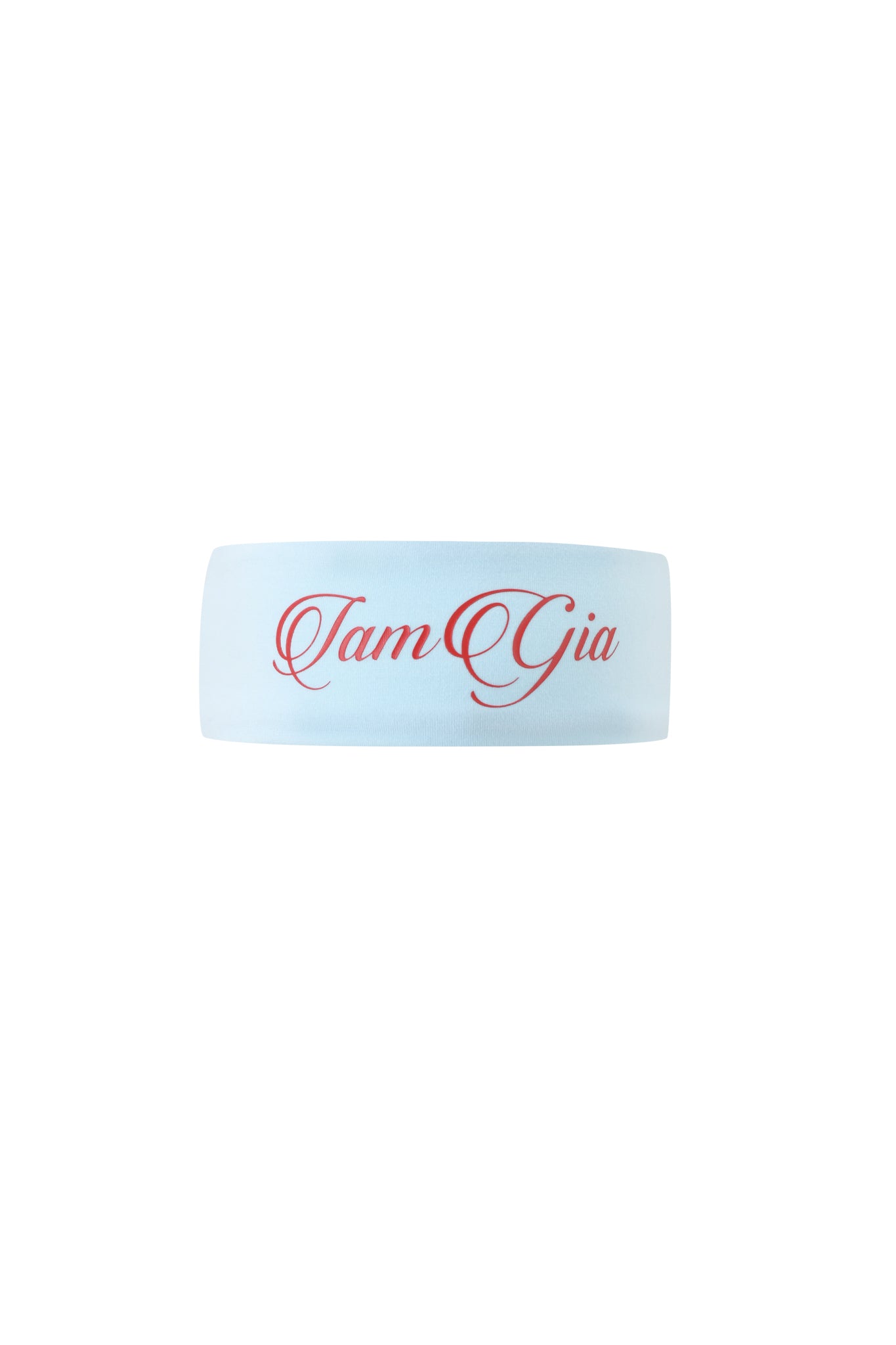 A baby blue BLARE SPORT HEADBAND from I.AM.GIA featuring the brand name in red cursive on the front.