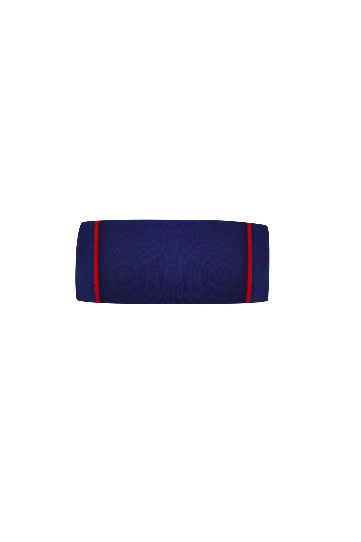 The I.AM.GIA BLARE SPORT HEADBAND - NAVY is a rectangular, dark blue fabric headband featuring two parallel red lines near each end, displayed on a white background.