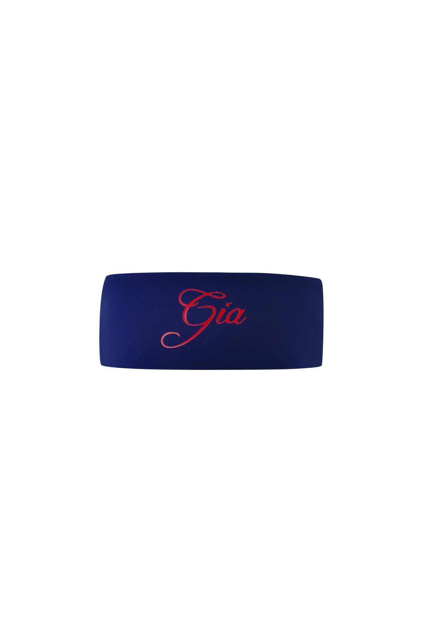 The BLARE SPORT HEADBAND - NAVY by I.AM.GIA features "Gia" embroidered in pink cursive on the front, shown against a plain white background.