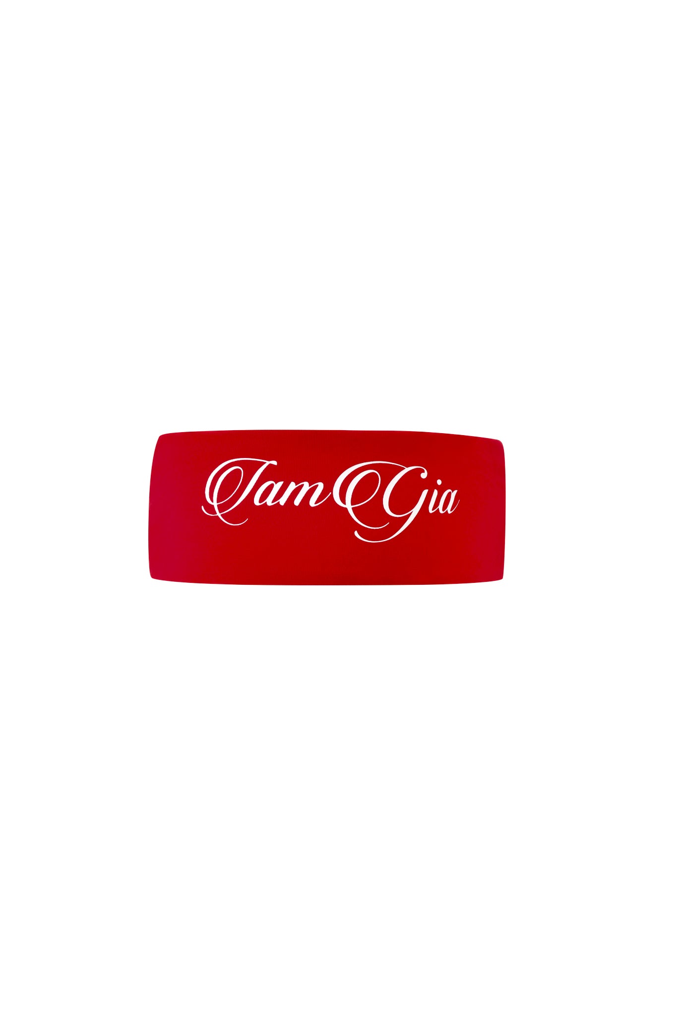 The BLARE SPORT HEADBAND - CRIMSON by I.AM.GIA is a red rectangular headband with “I am Gia” in stylish white script across the center.