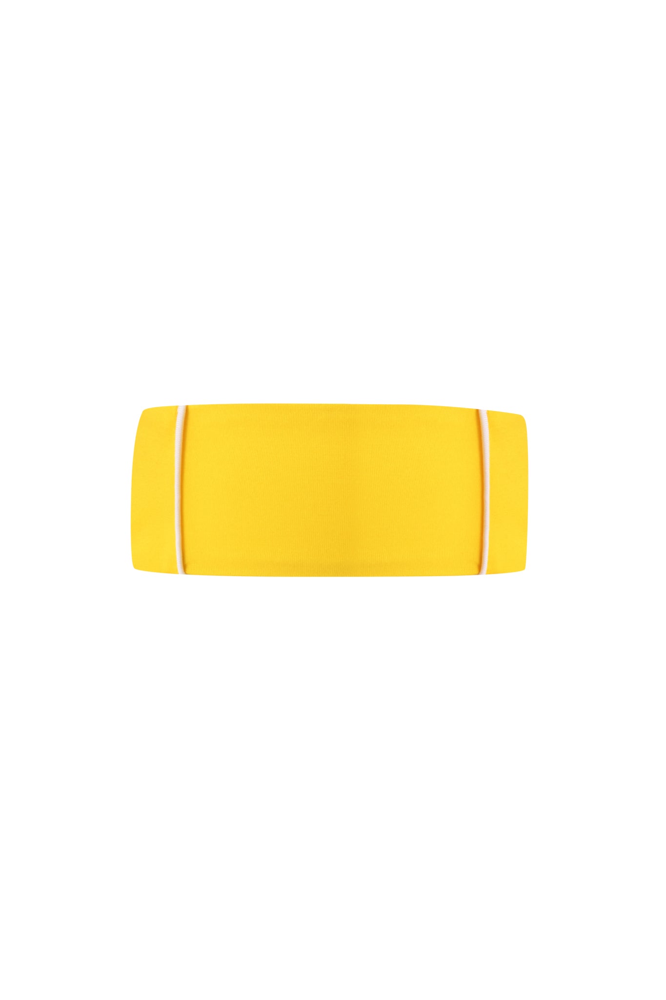 The BLARE SPORT HEADBAND - YELLOW by I.AM.GIA is a wide, sporty yellow headband with two thin white vertical stripes near each edge, shown on a plain white background.