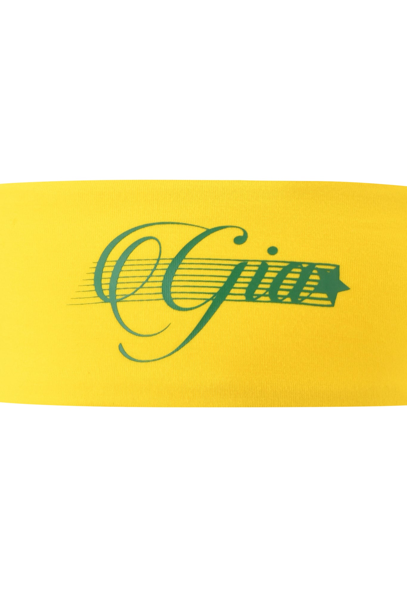 The BLARE SPORT HEADBAND - YELLOW by I.AM.GIA features a vibrant yellow fabric, "Gia" in green stylized script, and musical staff accents—ideal for soccer or casual wear.