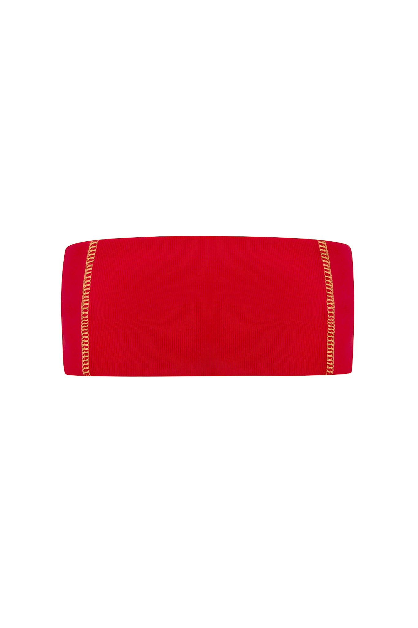 The NOVIA SPORT HEADBAND - RED by I.AM.GIA is a sporty, soccer-inspired stretch cotton jersey headband with orange stitching on both vertical edges, shown against a white background.