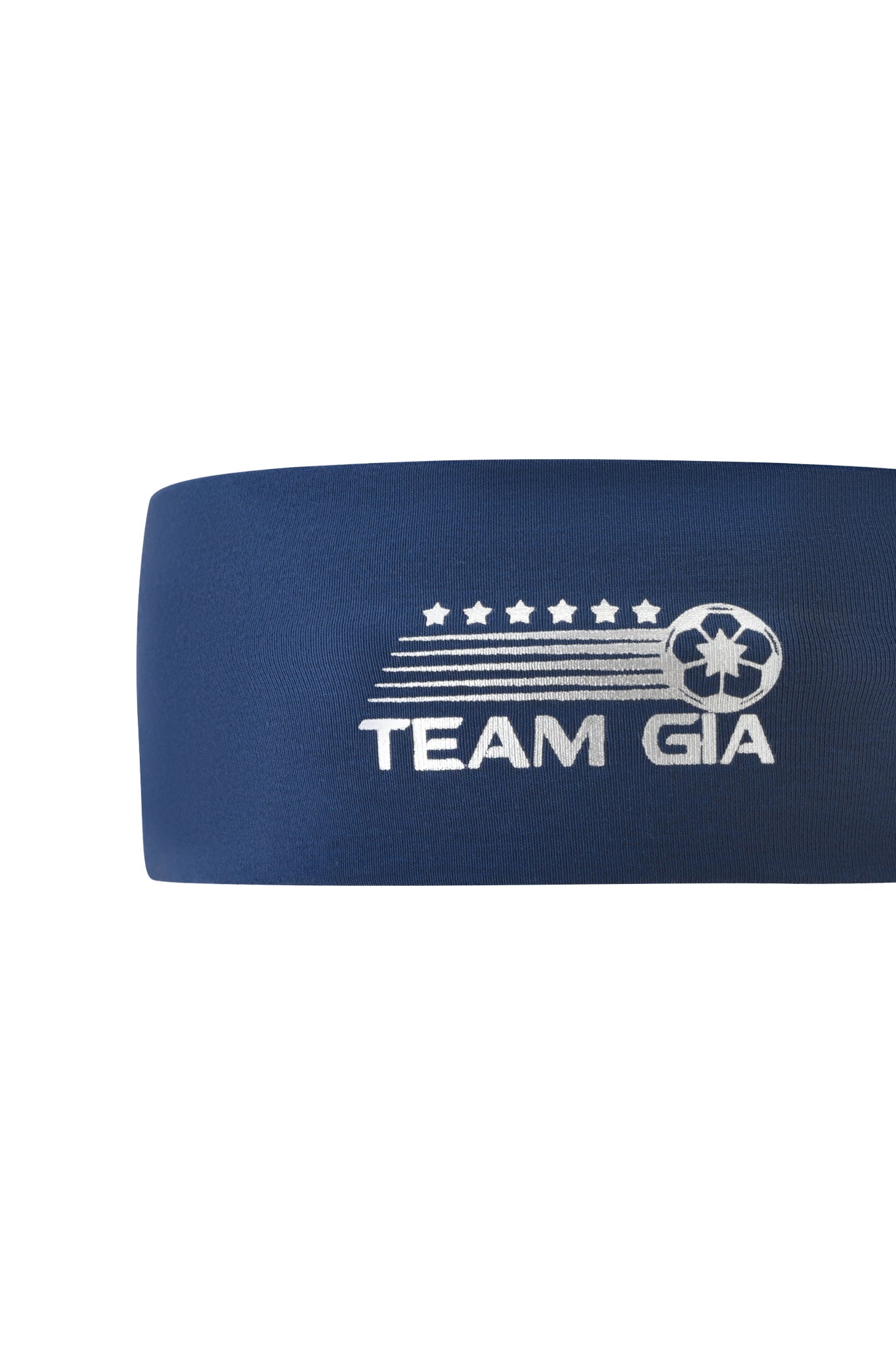 The NOVIA SPORT HEADBAND - NAVY by I.AM.GIA is a navy stretch cotton headband decorated with white graphics of six stars, horizontal lines, a flower emblem, and the text "TEAM GIA.