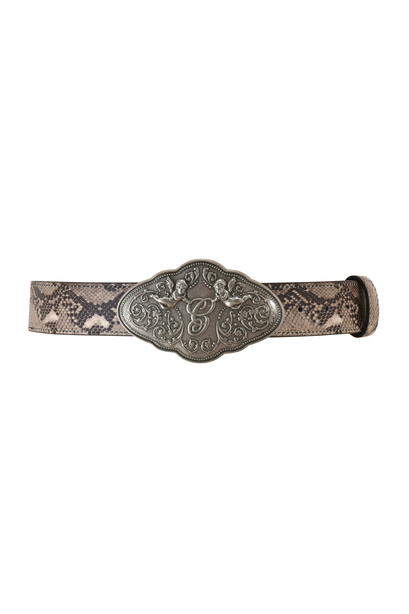 The MEDUSA BELT - TAN SNAKE by I.AM.GIA is a tan faux leather python print belt featuring a large, ornate western-style buckle with floral patterns and an engraved letter “S” at the center.