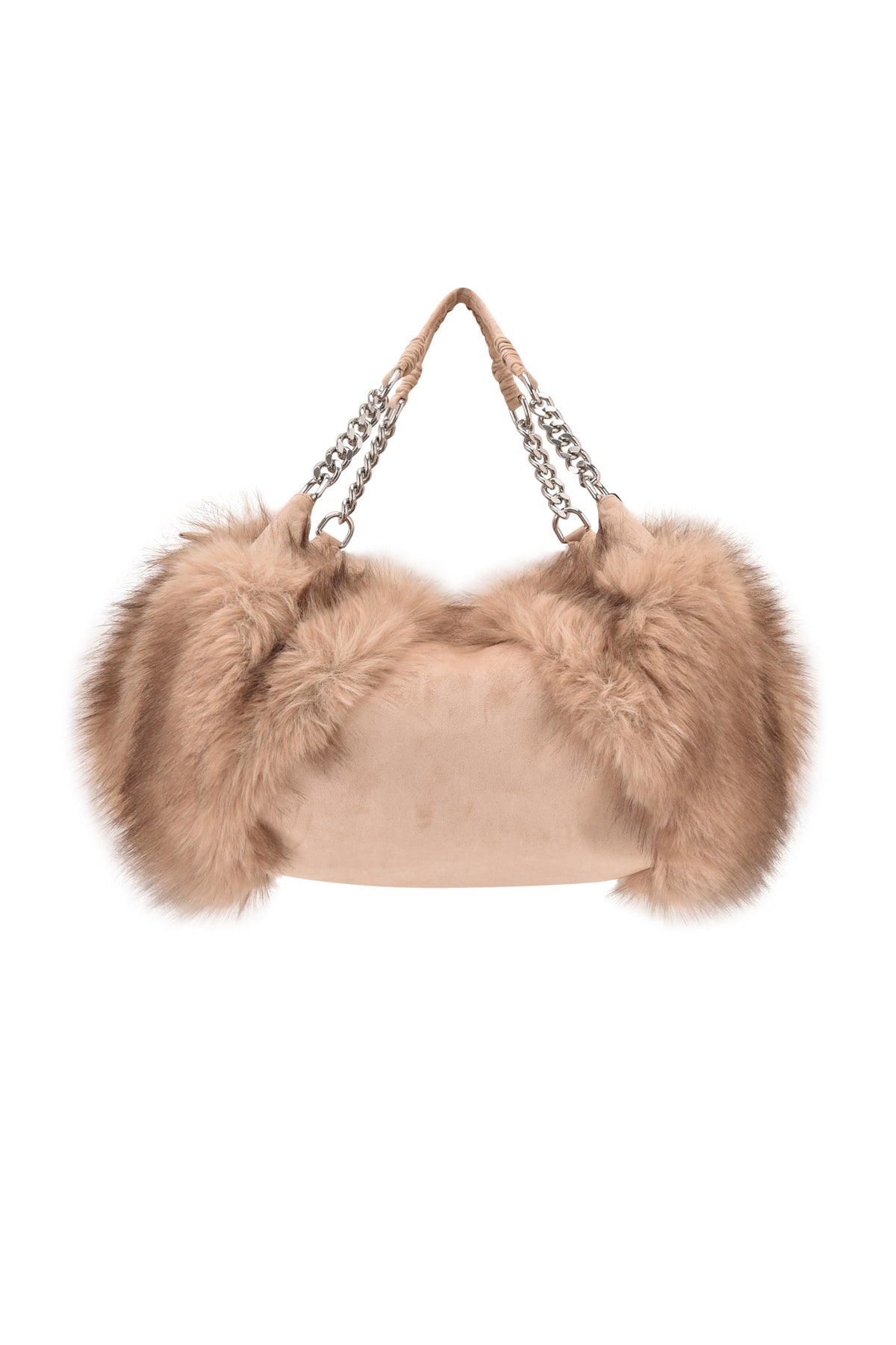 The I.AM.GIA GENA FAUX FUR HANDBAG in tan suede features plush faux fur trim on both sides and is designed with dual chain and suede shoulder straps, displayed against a white background.
