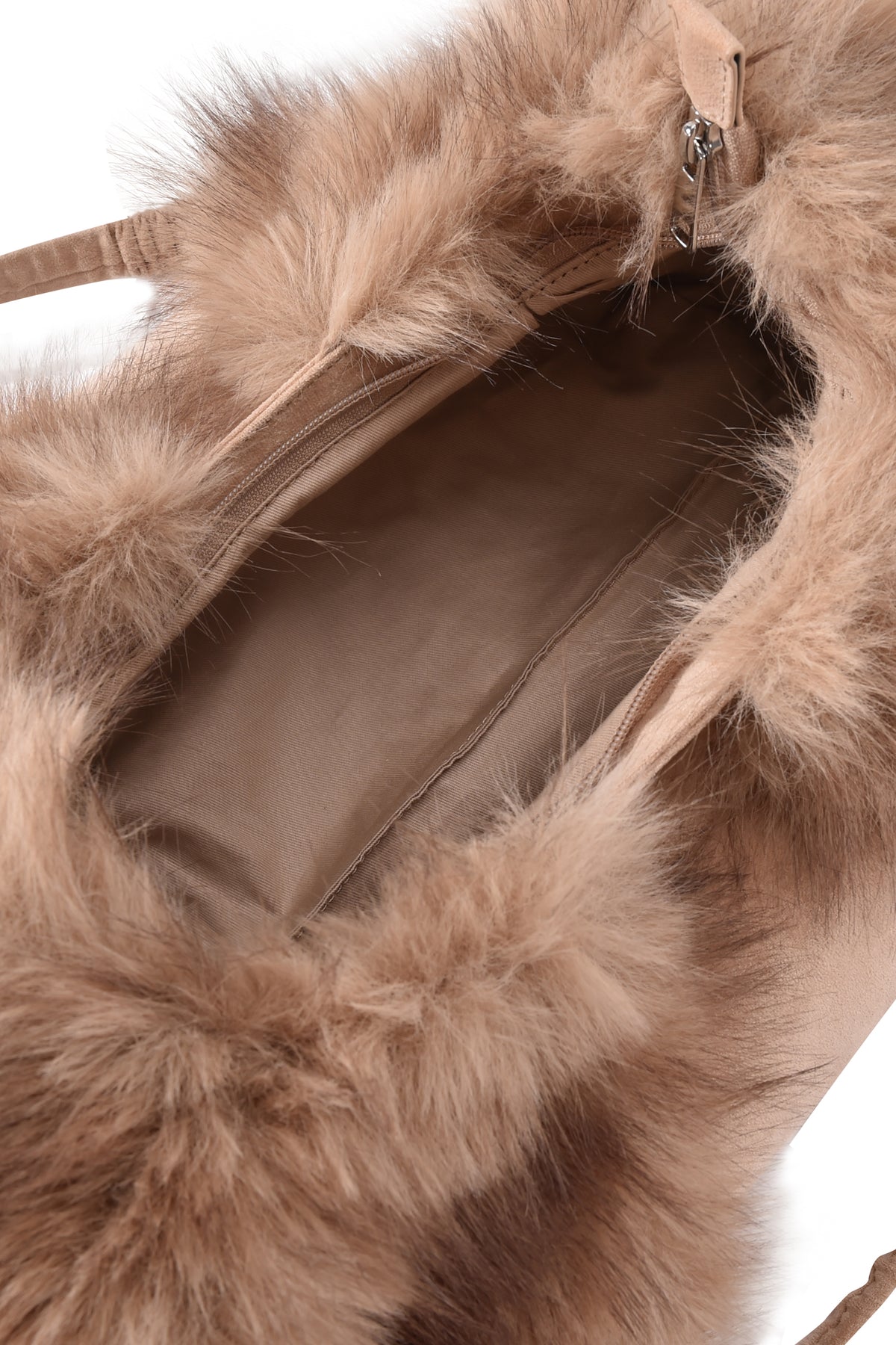 The GENA FAUX FUR HANDBAG by I.AM.GIA features an open tan suede design with soft, fluffy faux fur trim and a visible zipper pocket inside. Crafted from premium faux suede, its interior is lined with light brown fabric for a luxurious finish.