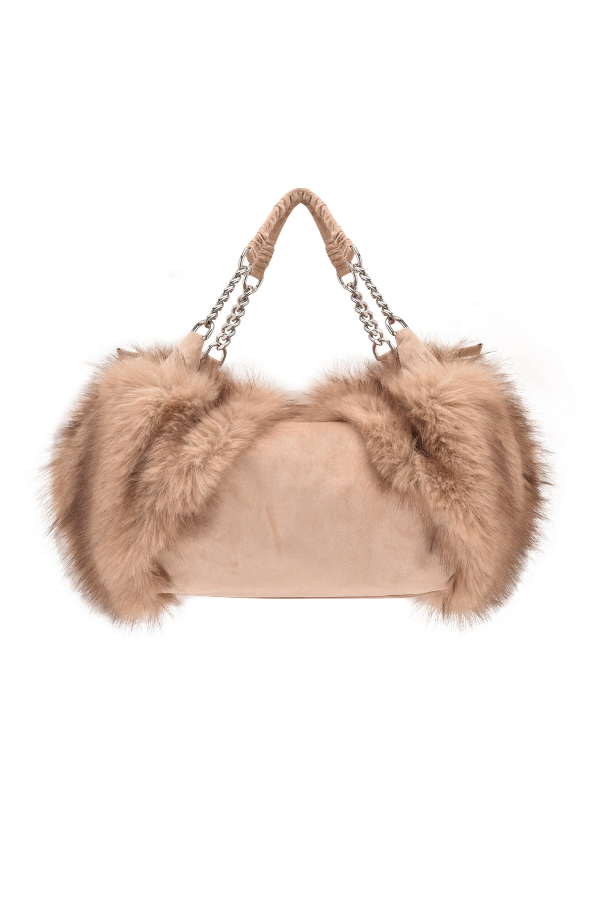 The GENA FAUX FUR HANDBAG in tan suede by I.AM.GIA features a beige faux suede exterior, fluffy faux fur trim, and a handle crafted from fabric and silver chains, displayed against a white background.