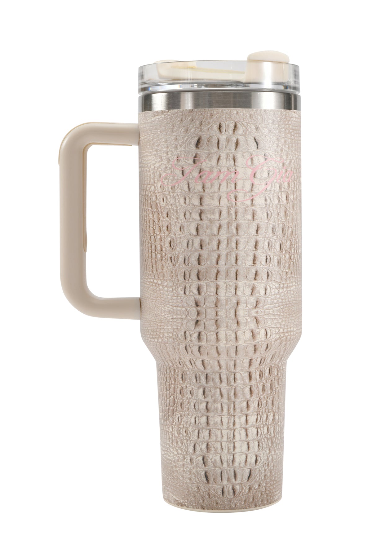 Introducing the BLARE CUP - HOT CROC by I.AM.GIA: a tall, beige insulated stainless steel tumbler featuring a textured faux crocodile skin pattern, a large ergonomic handle, and a clear plastic lid with sliding closure—the ultimate 40oz cup for stylish travel.