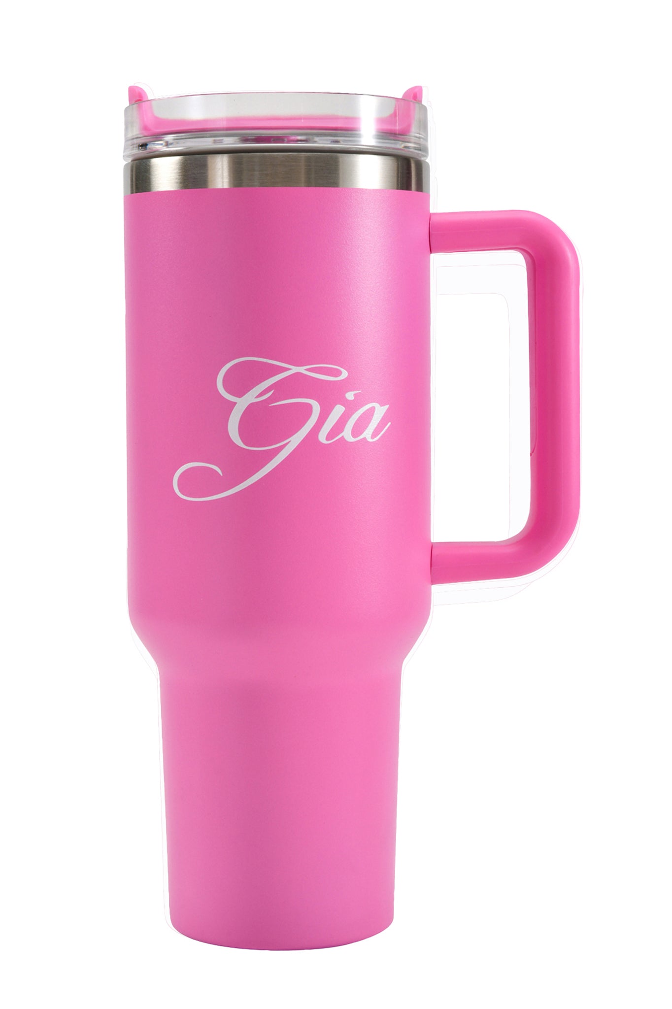 A tall, hot pink BLARE CUP - PINK insulated stainless steel tumbler by I.AM.GIA, featuring a handle, a clear lid, and the name “Gia” in white script on the side.