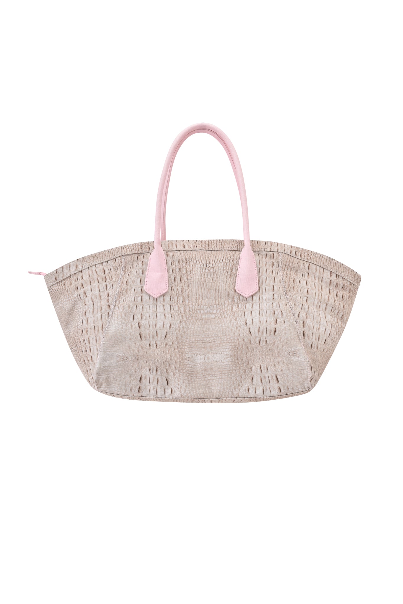 Presenting the BLARE TOTE BAG - HOT CROC by I.AM.GIA: an oversized beige tote with a wide top, detailed with light pink handles and crocodile print accents. The textured shopper is showcased against a white background.