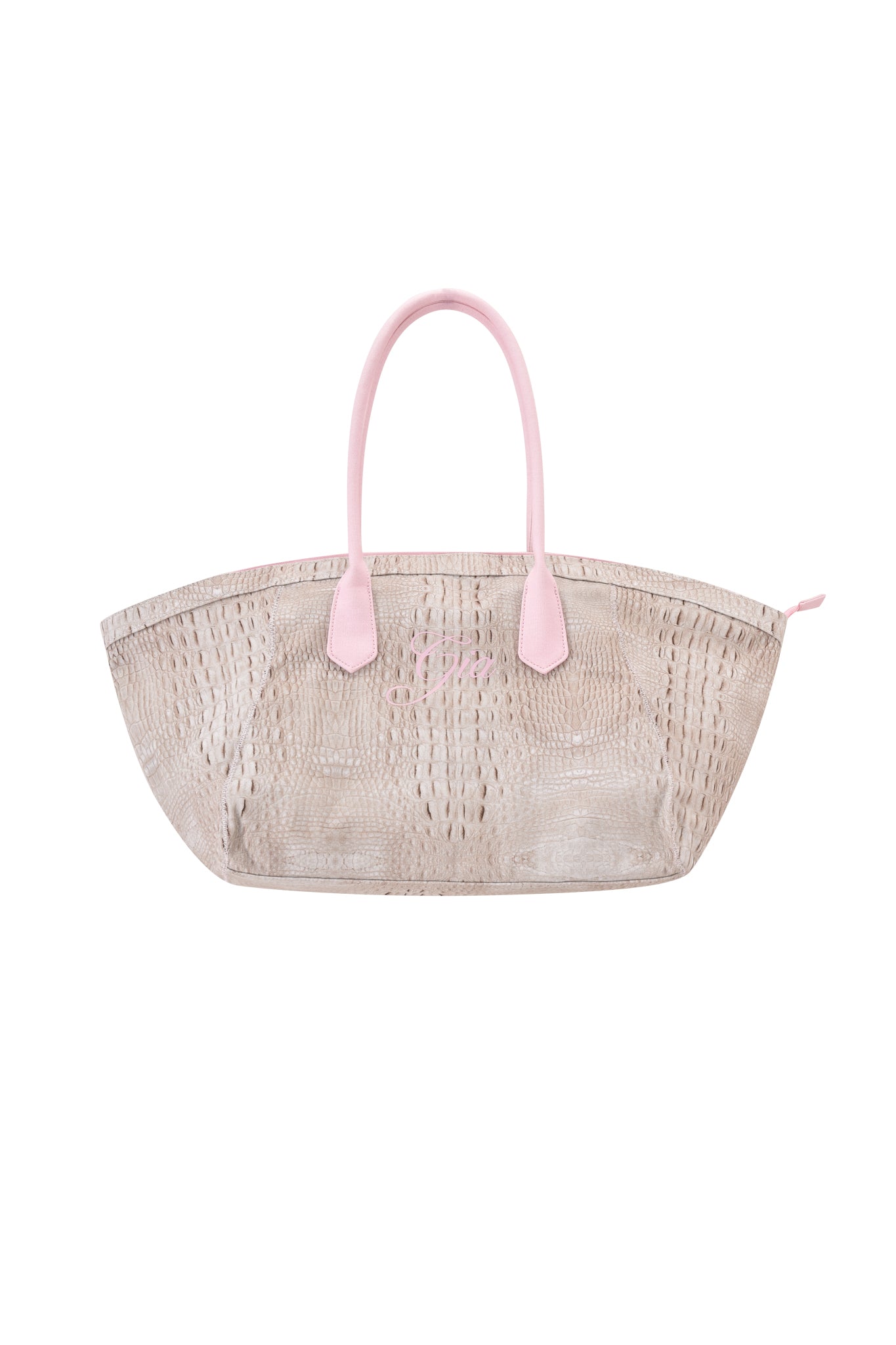 The BLARE TOTE BAG - HOT CROC by I.AM.GIA features a subtle beige crocodile print and two light pink handles, showcased against a white background.