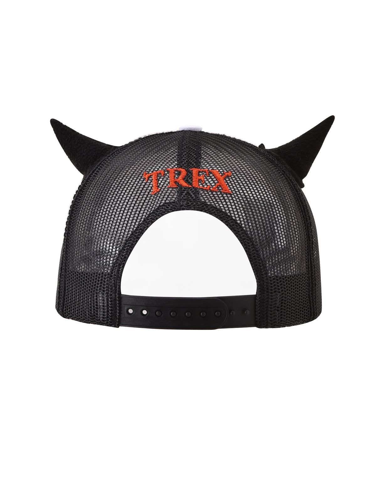 The I.AM.GIA T-REX DEVIL HAT - BLACK is a distressed trucker hat with black devil horns and “TREX” in red above the adjustable strap, inspired by edgy street style.