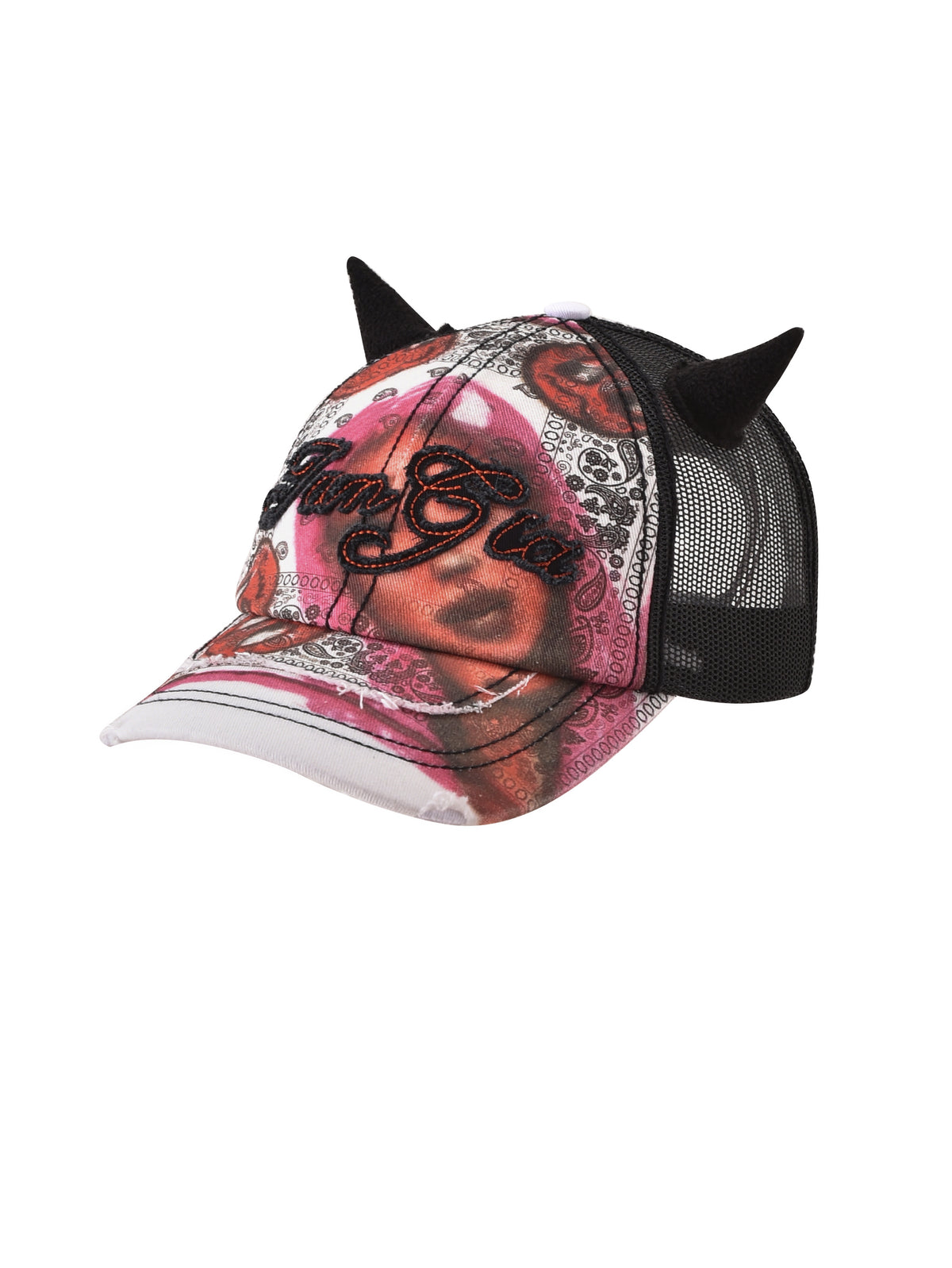 The T-REX DEVIL HAT - BLACK by I.AM.GIA is a distressed black trucker hat with black mesh, devil horns, and a pink and white front with a teddy bear image and black script text.