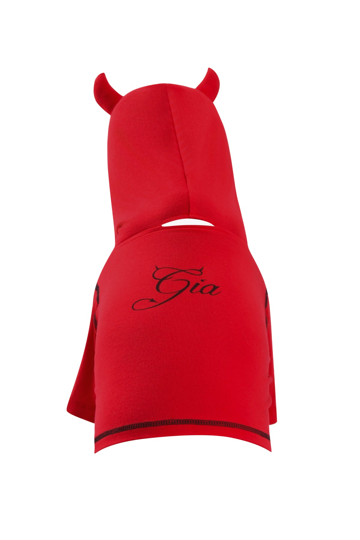The T-REX BEST FRIEND BLARE HORN DOG HOODIE - RED by I.AM.GIA features small red horns on the hood and “Gia” in black script on the back, inspired by trendy streetwear styles.